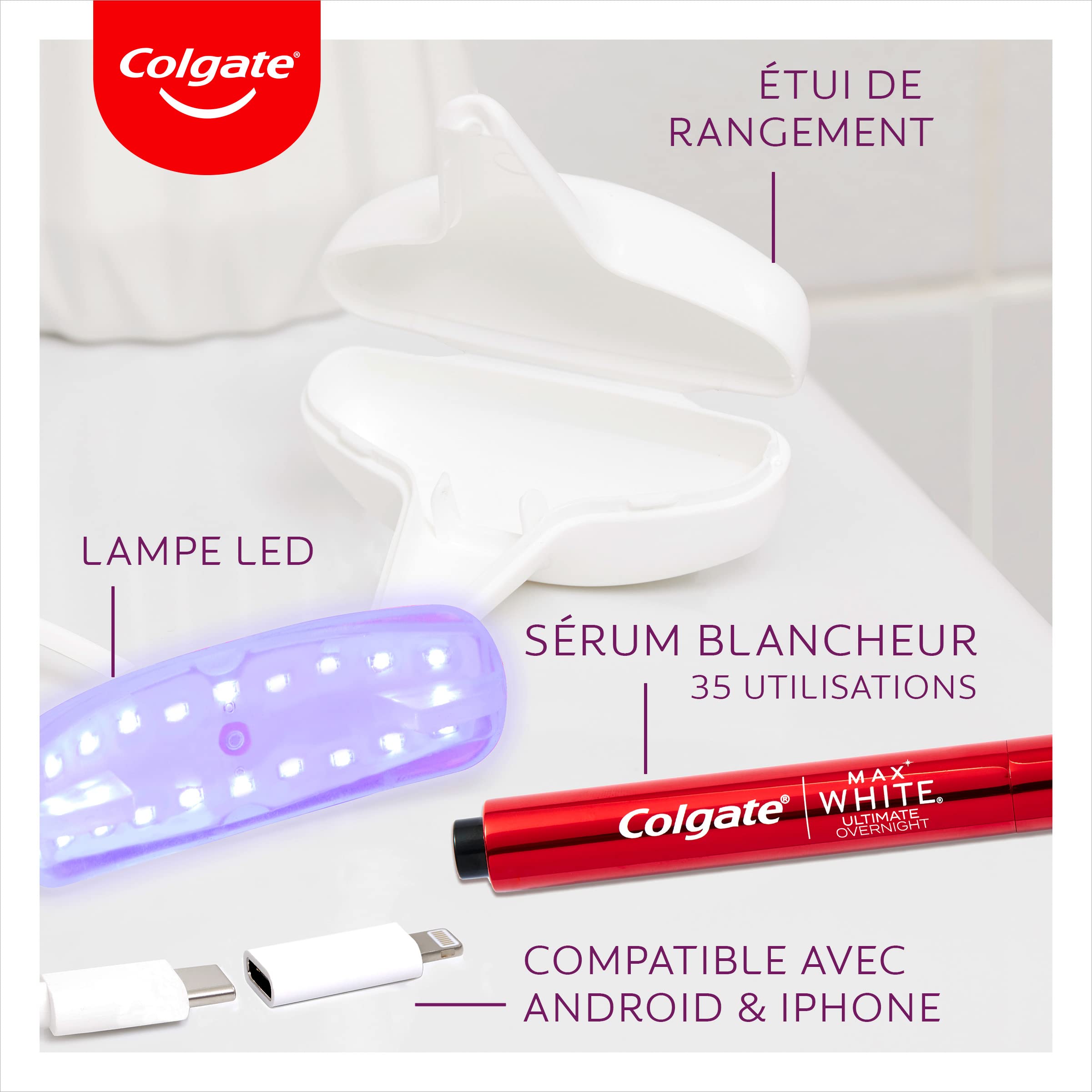 COLGATE - Kit Blanchiment Dentaire Max White à Domicile, Respecte l'Émail, Élimine Jusqu'à 20 Ans de Taches, Sérum blancheur et Lumière LED Alimentée par Smartphone
