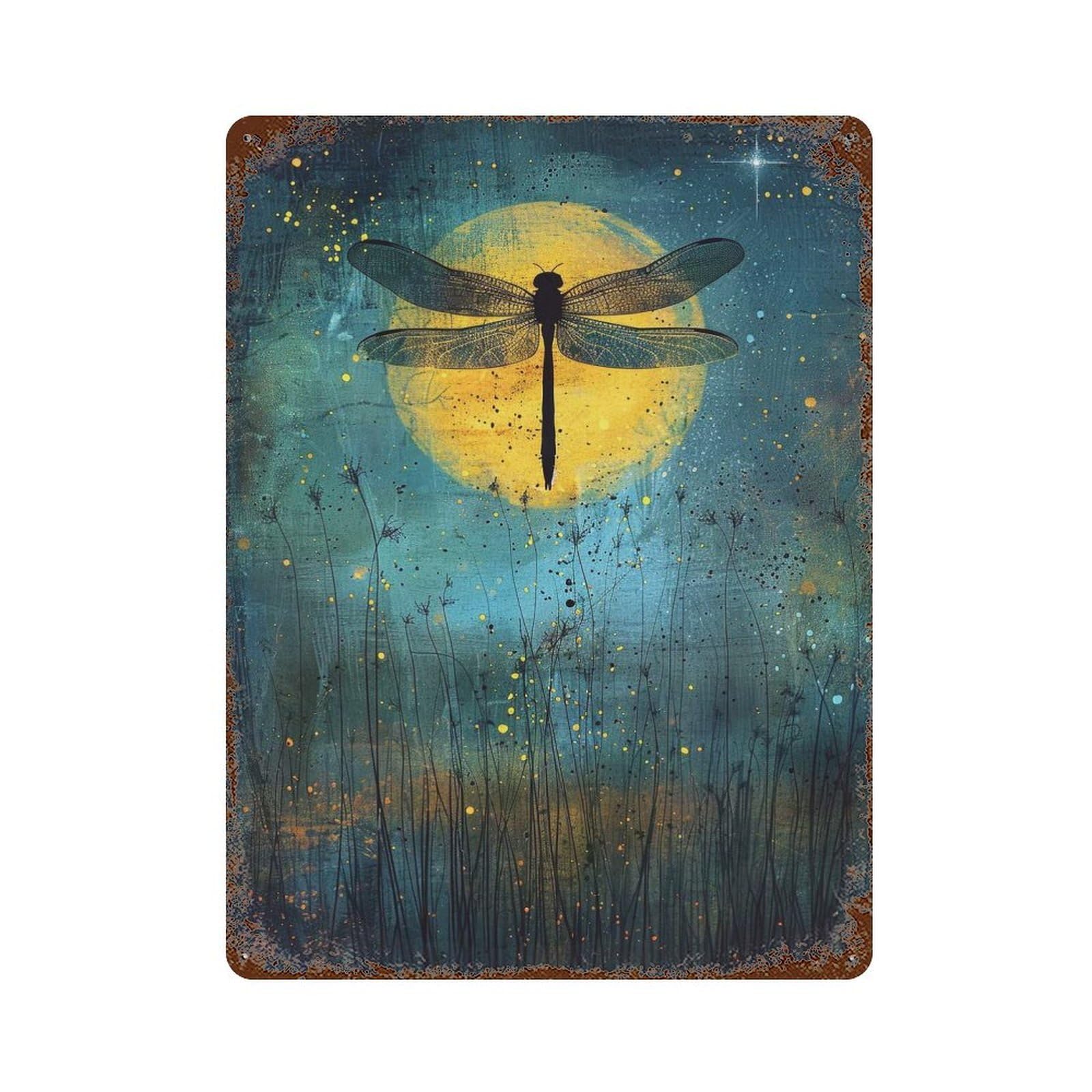 Rust Effect Moonlit Dragonfly Weathered Tin Sign 15.7"x11.8", Shabby Chic Decor for Cafe, Home Bar And Lounge Decor