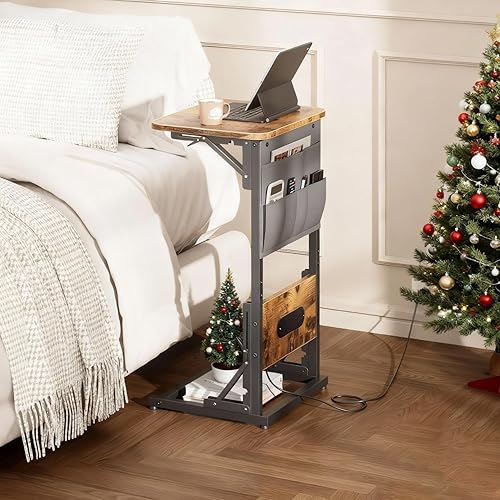 Miniatura 2 de HLDIRECT C Shaped End Table with Charging Station, Couch Side Table with Storage Bag, Foldable TV Tray with 2 USB Ports and Outlets for Living Room,