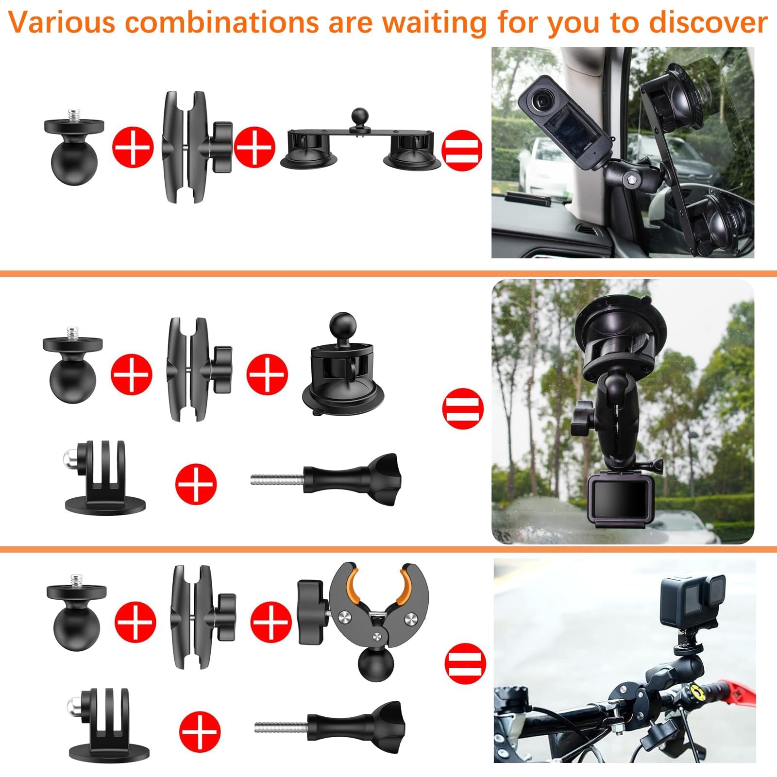 UNSTINCER Action Kamera Auto Halterung mit 3 Saugnapf und Selfie Stick | Car Camera Mount für Gopro Insta360 X5 X4 DJI Osmo, Cam Suction Cup Autohalterung für KFZ PKW Fenster Motorhaube, mit Klemme