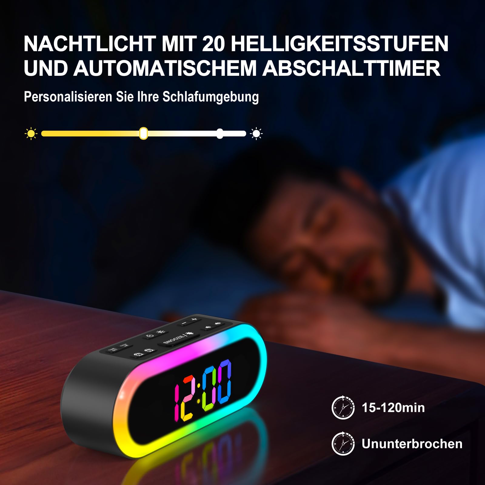 Reacher Adulti Sveglie Digitali, Modalità 7/5/2 Giorni, Led Luce Notturna, Timer Auto-spegnimento 15-120Min, 7 Suoni Sveglia, Display Regolabile, per Dormienti Pesanti, per la Camera da Letto