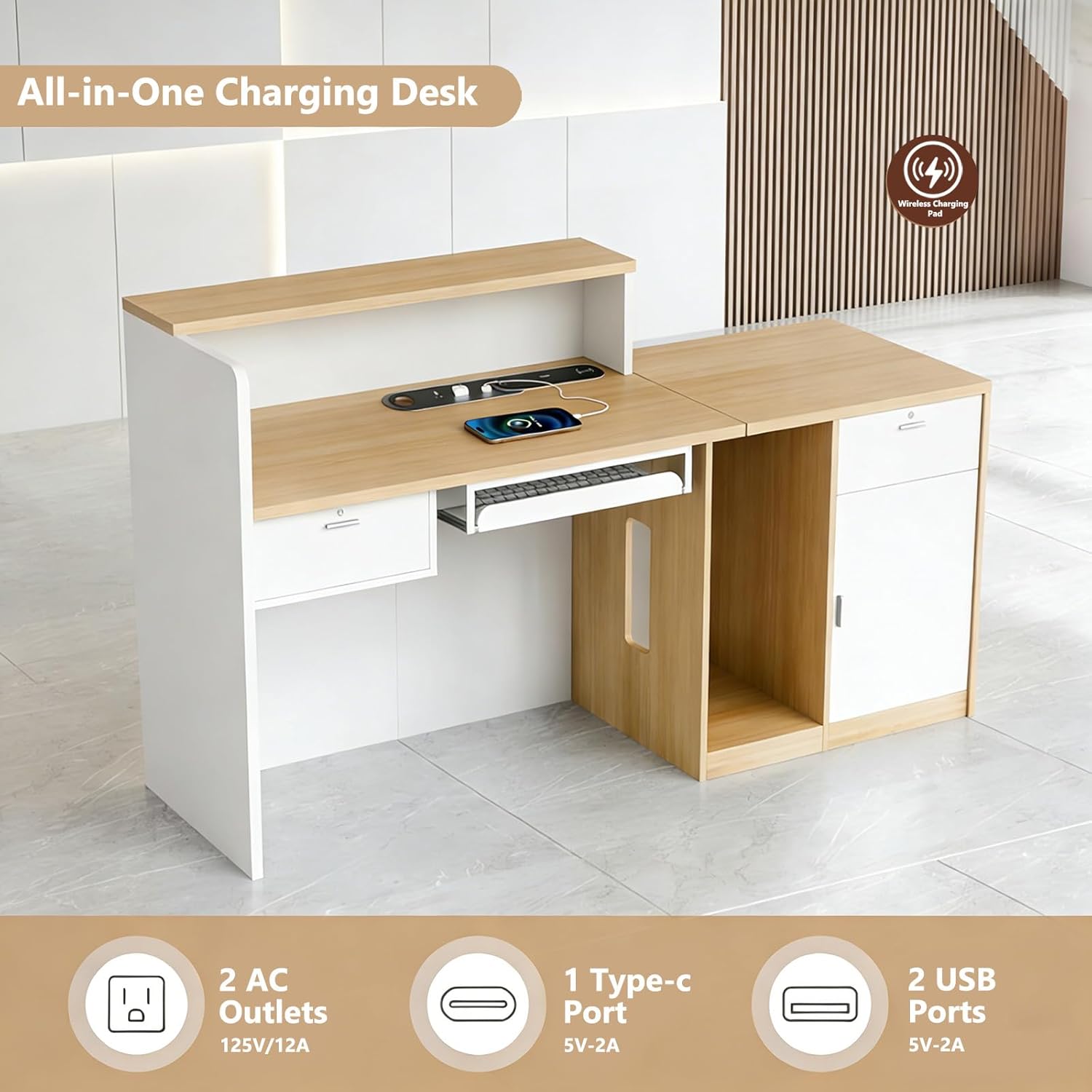 L-Shaped Reception Desk with Counter & Wireless Charging, 2-Inch Thick Board, Lockable Drawers & Keyboard Tray, Heavy-Duty Front Desk for Office, Salon, Hotel & Clinic