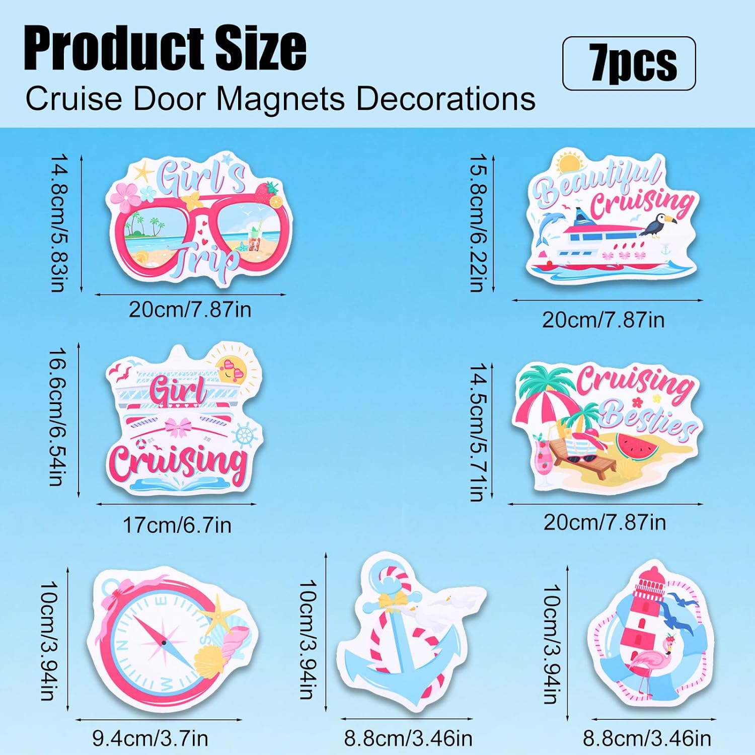 7pcs Girls Trip Cruise Door Magnets, Summer Beach Anchor Carnival Cruise Ship Door Signs Decorations Magnetic Stickers Cruising Cabin Magnets Decals for Nautical Car Fridge Party Vacation Decor
