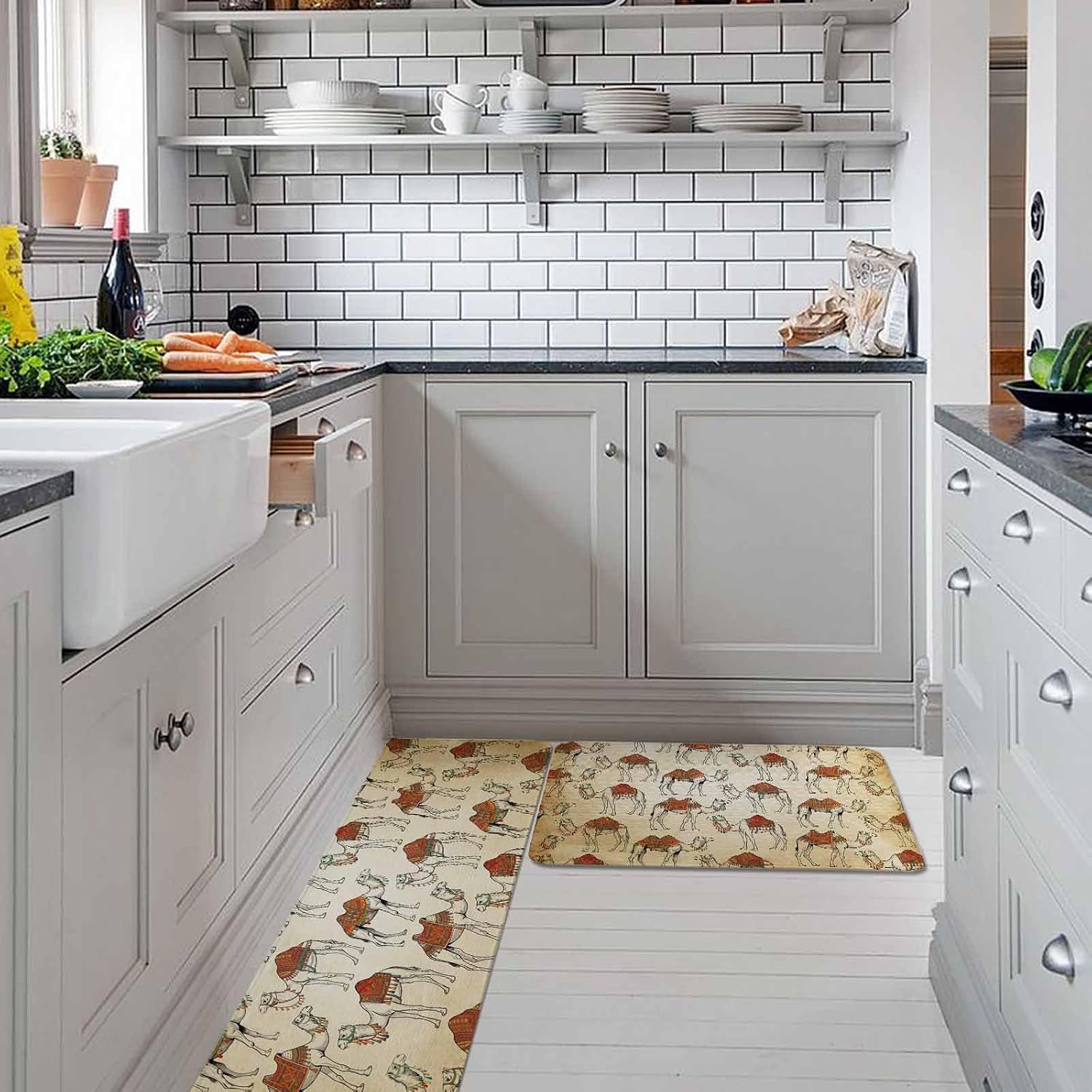 Desert Sand Camel Kitchen Rugs and Mats Set of 2, Non-Slip Kitchen Sink Mat, Summer Tropical Animals Vintage Beige Washable Doormat Bathroom Rugs Runner for Bedroom/Living Room 17.7"x30"+17.7"x59"