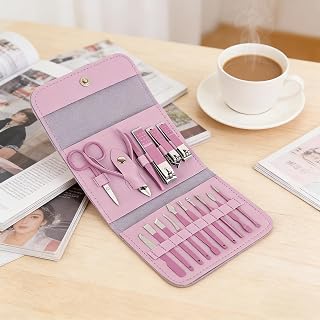 16 Pcs Manicure Pedicure Kit, Stainless Steel Nail Clipper Set with Travel Case, Professional Grooming Tools for Hand Foot Care (Pink)