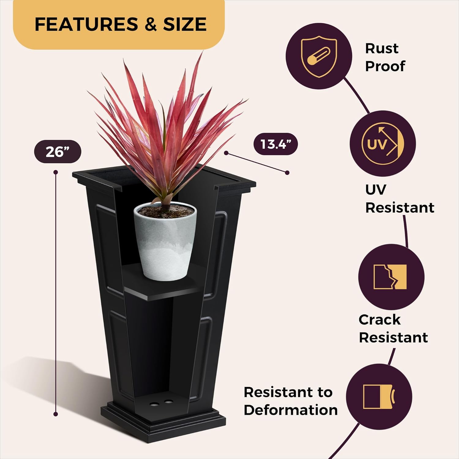 26" Tall Metallic Planter Set of 2, Black Taper Planters with Removable Partition Drainage Holes, Large Outdoor Planter for Front Porch, Garden, Patio, Balcony, Classic Estate Design, All-Weather Use