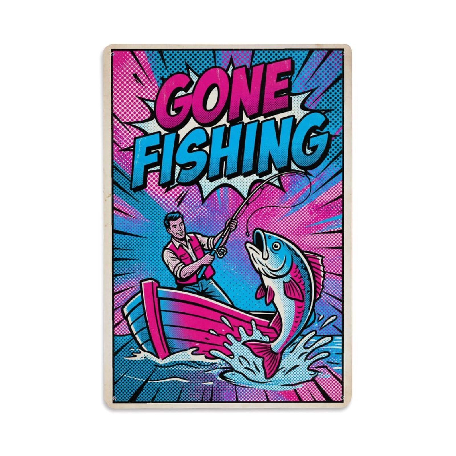 Gone Fishing Grandpa Fisherman Vintage Metal Tin Sign Plaque Wall Decor for Cafe, Club, Garden Metal Poster 8x12Inch