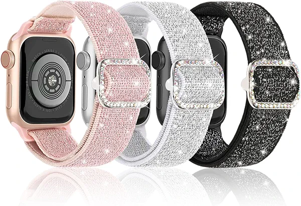 Stretchy Bling Band Compatible with Apple Watch 38mm 40mm 41mm 42mm 44mm 45mm 46mm 49mm Women, Nylon Sparkly Strap Solo Loop Glitter Wristband for iWatch Series 11 10 9 8 7 6 5 4 3 2 1 SE Ultra