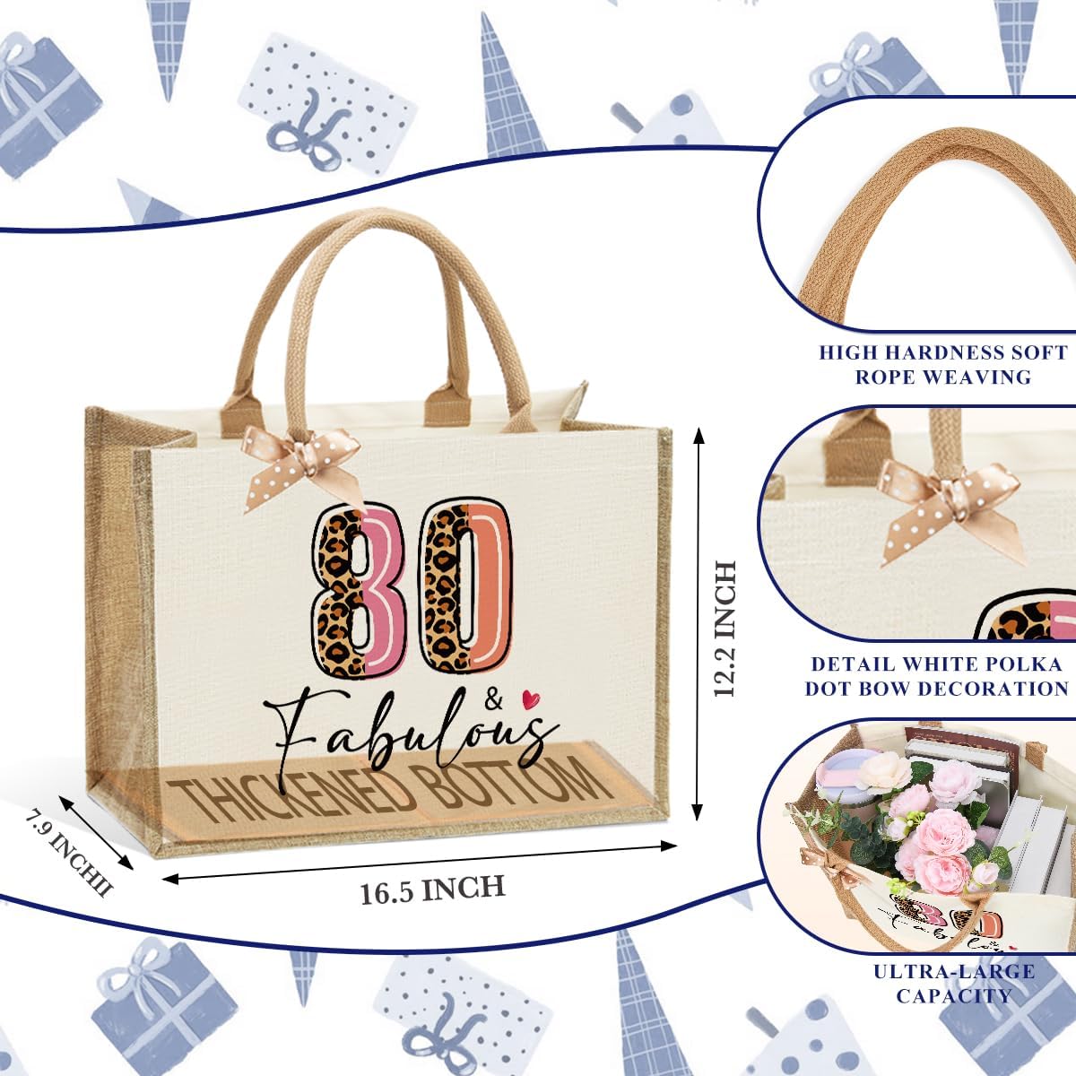 Jute Canvas Tote Bag for Women - 40th 50th 55th 60th 65th 70th 75th 80th Birthday, Mother's Day, Christmas Gift - Image 4