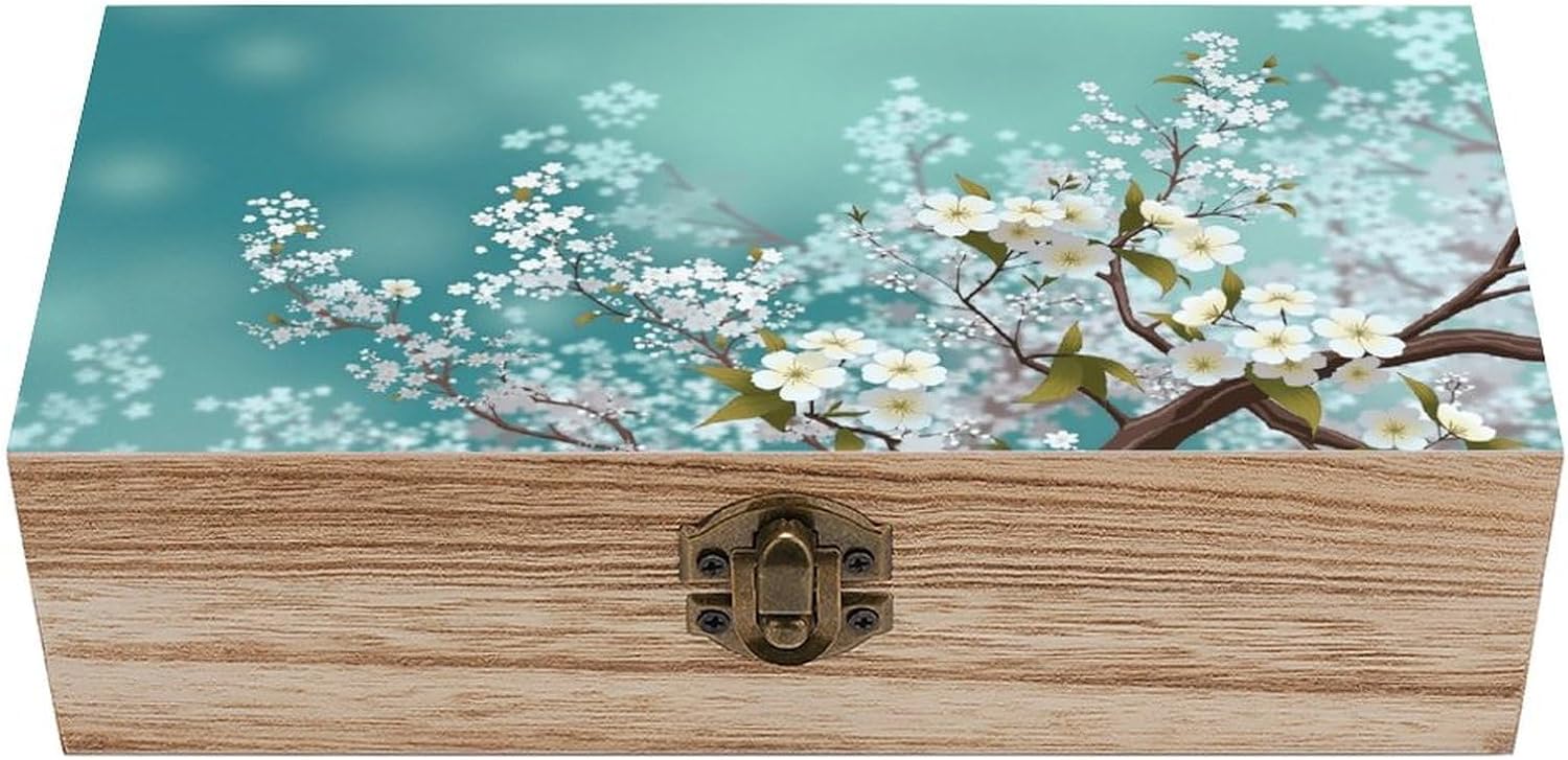 Cherry Blossom Floral Wooden Storage Box with Hinged Lock,Decorative Handmade Keepsake Jewelry Chest, Elegant Retro Decor Boxes, Compact Organizer Box for Home, Wedding, Gifts