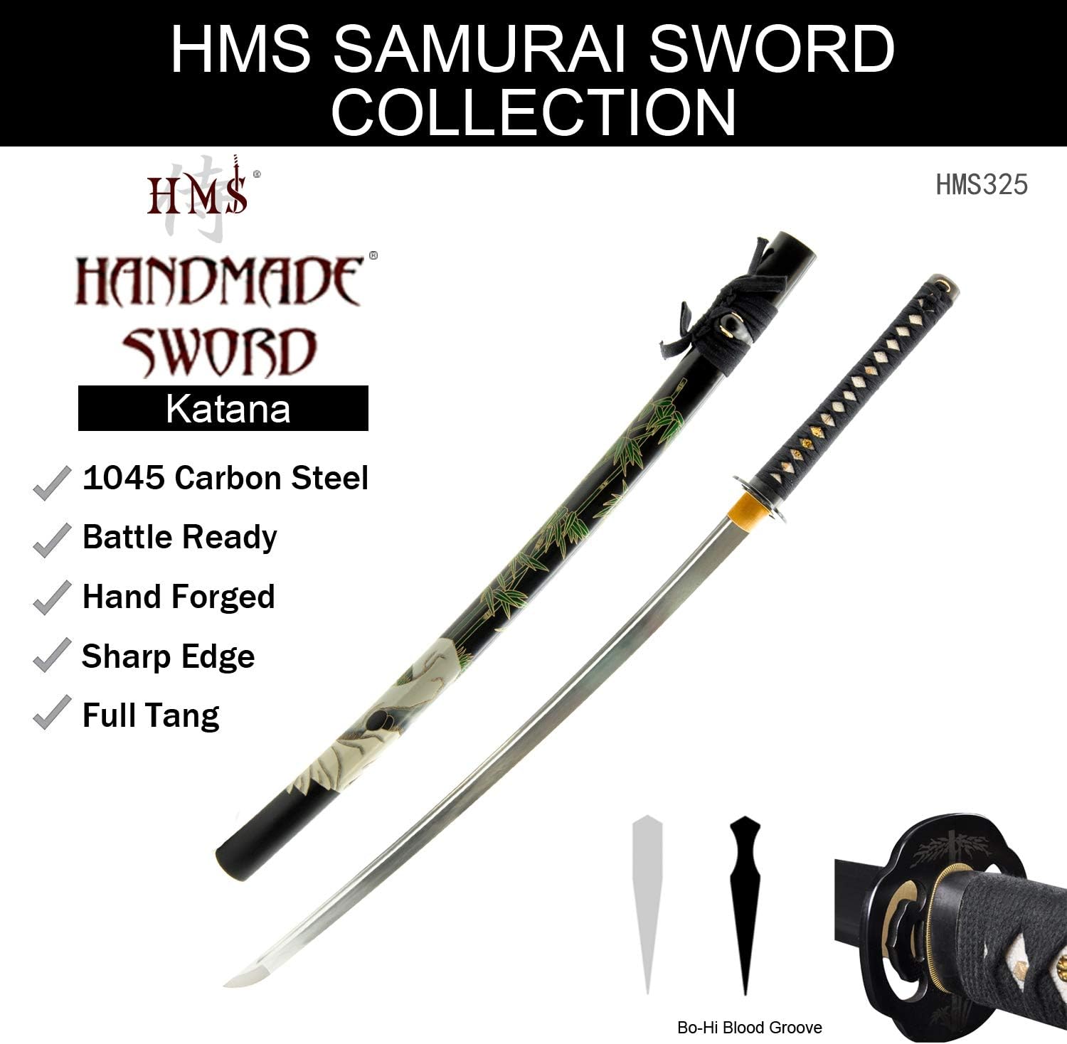 HMS Japanese Style Samurai Katana Swords, Battle Ready, Hand Forged, 1045 Carbon Steel, Heat Tempered, Full Tang, Sharp