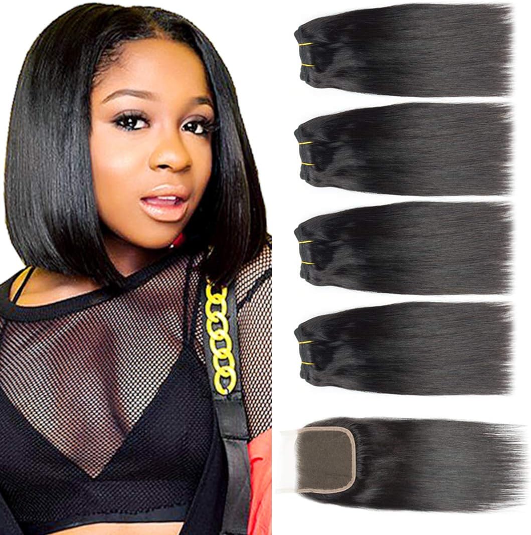 Selina Brazilian Virgin Hair Straight, Free Part Closure, Brazilian Hair 4 Bundles With Closure, 100% Unprocessed Human Hair Bundles With Lace Closure(8" 8“ 8” 8“ with 8" Closure)
