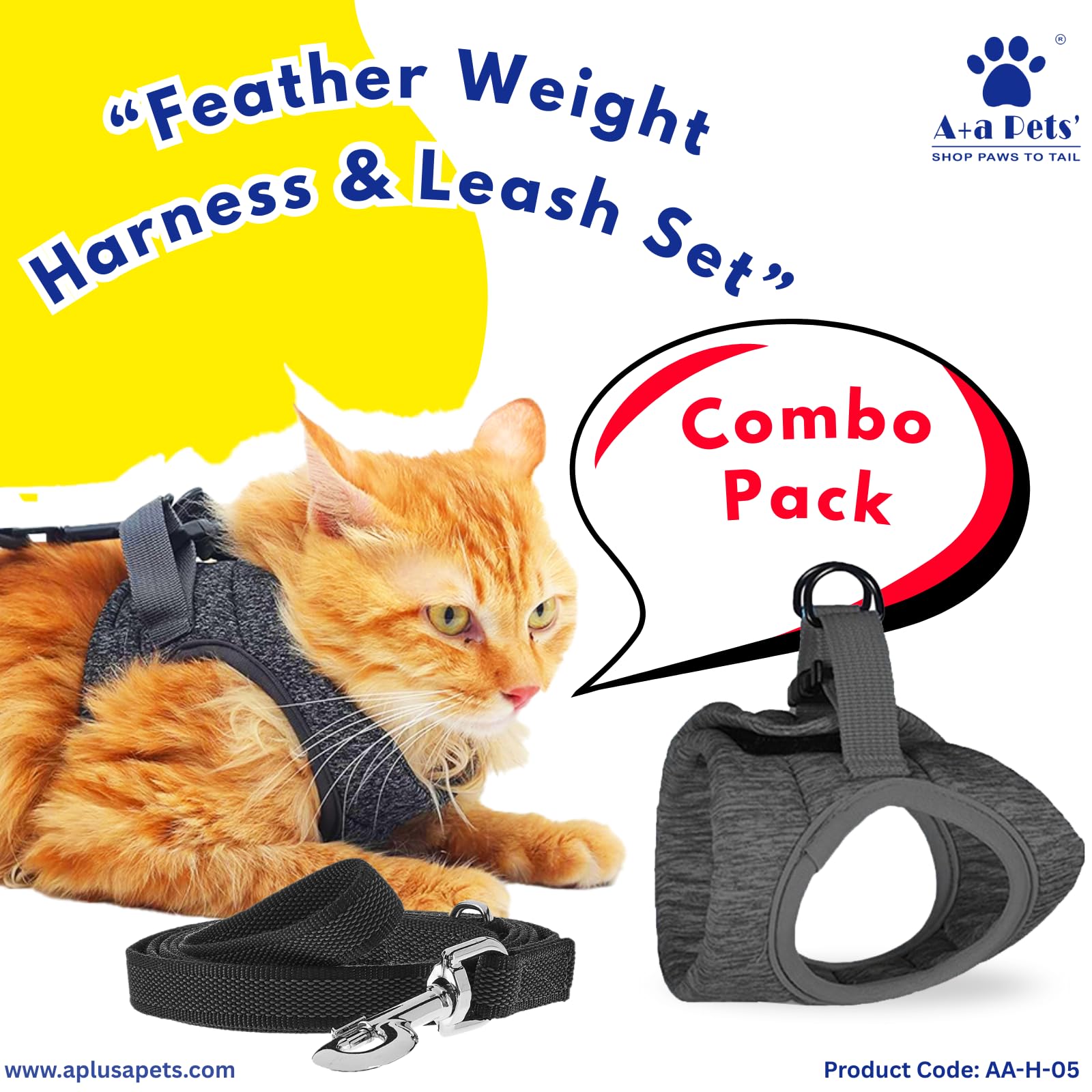 A+a Pets' Feather Weight Cat and Dog Harness & Leash Set β Escape Proof, Adjustable, No Pull, Soft Padded Vest for Persian Cats, Kittens, Small Dogs (Grey, XS)