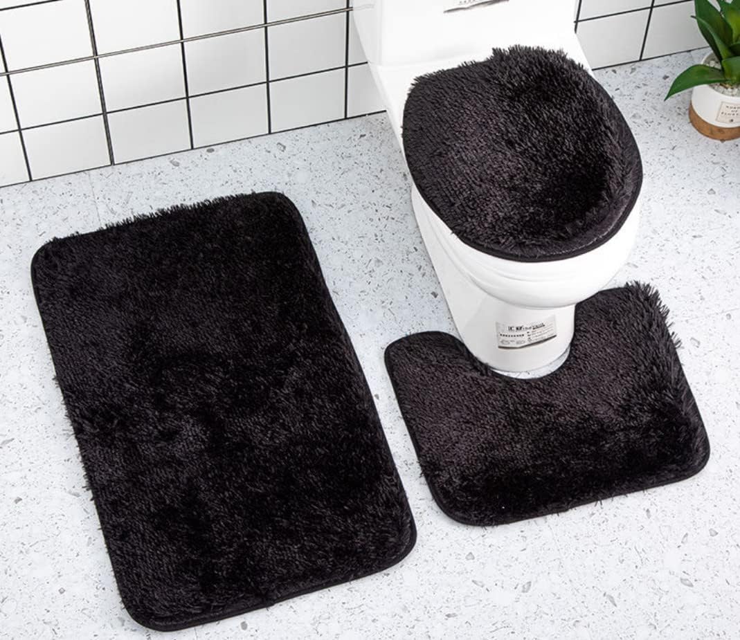 Amazon.com: HIQUAY Black Bath Mat Rug 3 Piece Set Solid Color Toilet ...