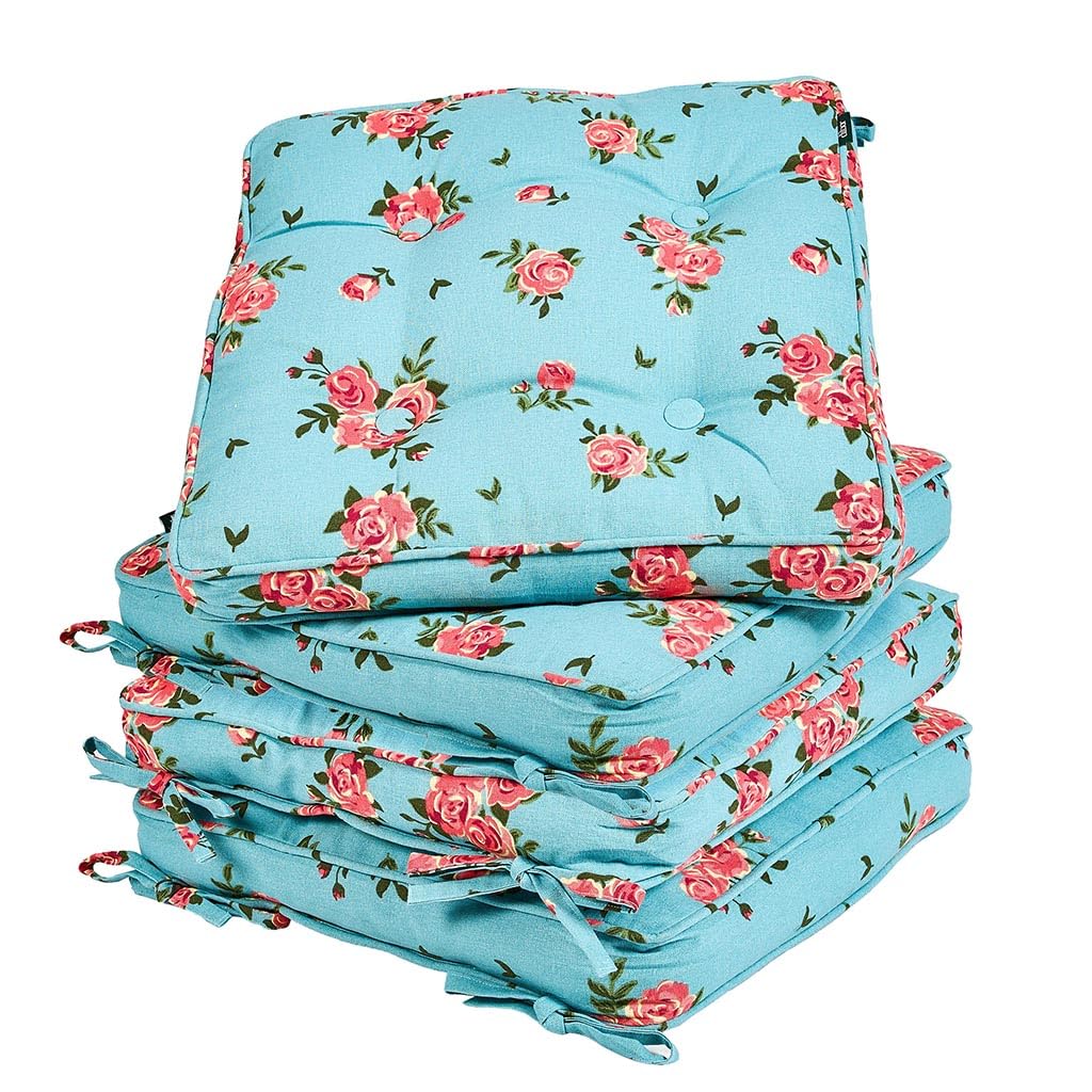 Garden Chair Cushion Seat Pads Dining Cushions (Set of 4, Blue Floral)