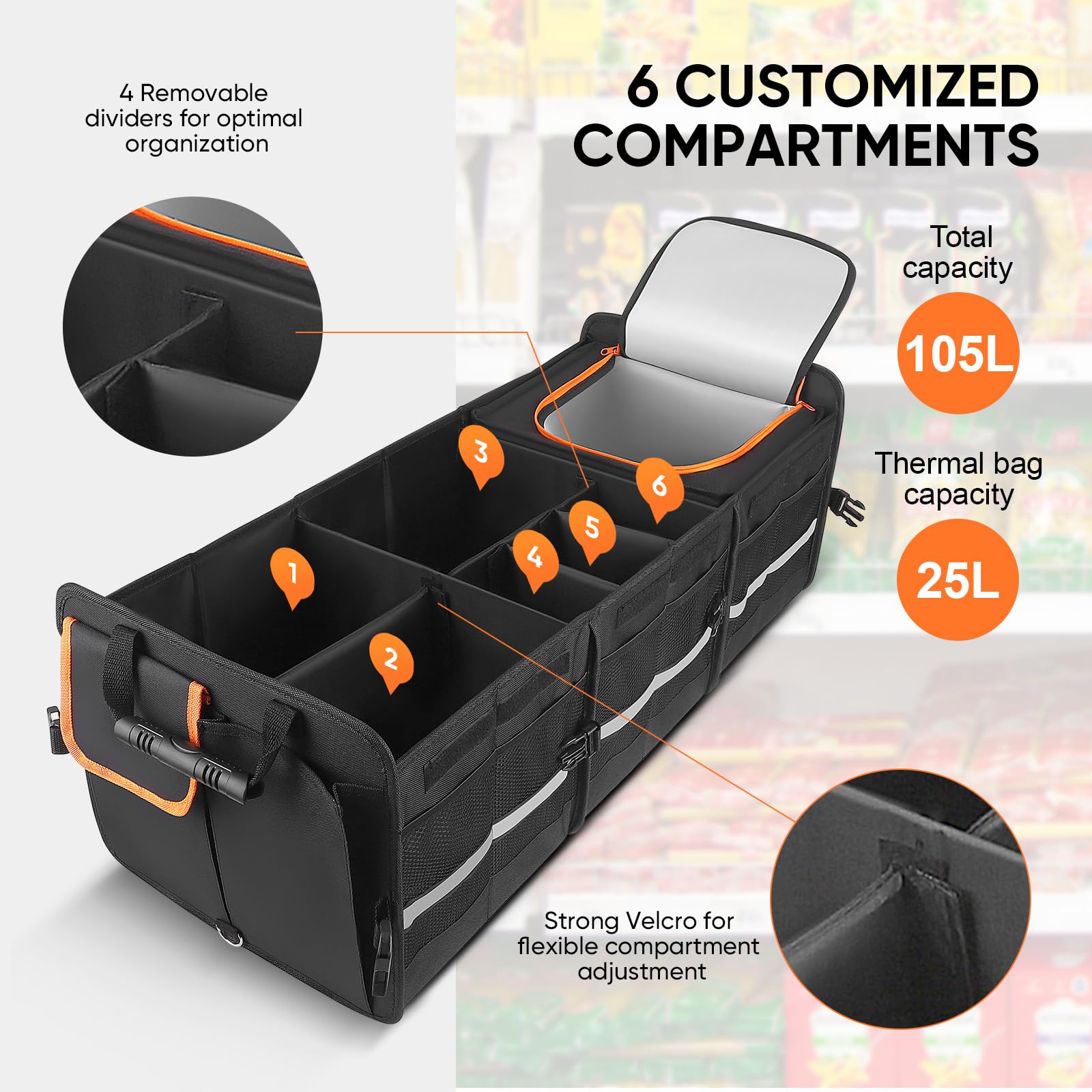 XXXL Rangement Coffre de Voiture, 115L Pliable Organisateur avec 6 Compartiments et Couvercle, 24L Sac Isolant Amovible, Fond Antidérapant et Poignées, pour SUV Camion Camping Quotidien, 89x36x31cm