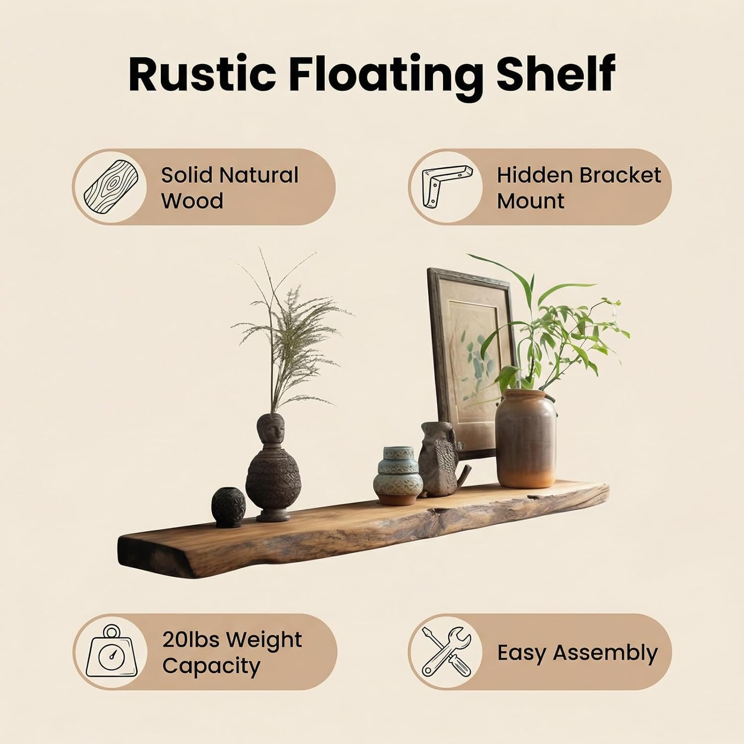 Wooden Floating Wall Shelf Rustic Wood Floating Shelves Wall Mounted Storage Shelves for Bathroom Living Room Bedroom Kitchen Decor(80cm, Brown)