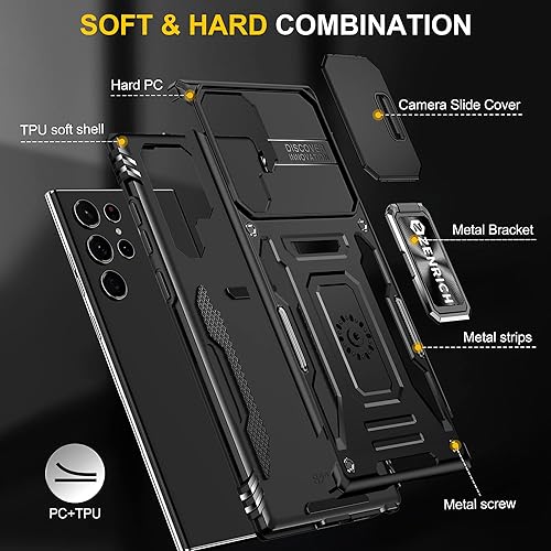Miniatura 7 de ZenRich Funda resistente para Samsung Galaxy S22 con cubierta deslizante para cámara y soporte, funda protectora de doble capa de grado militar