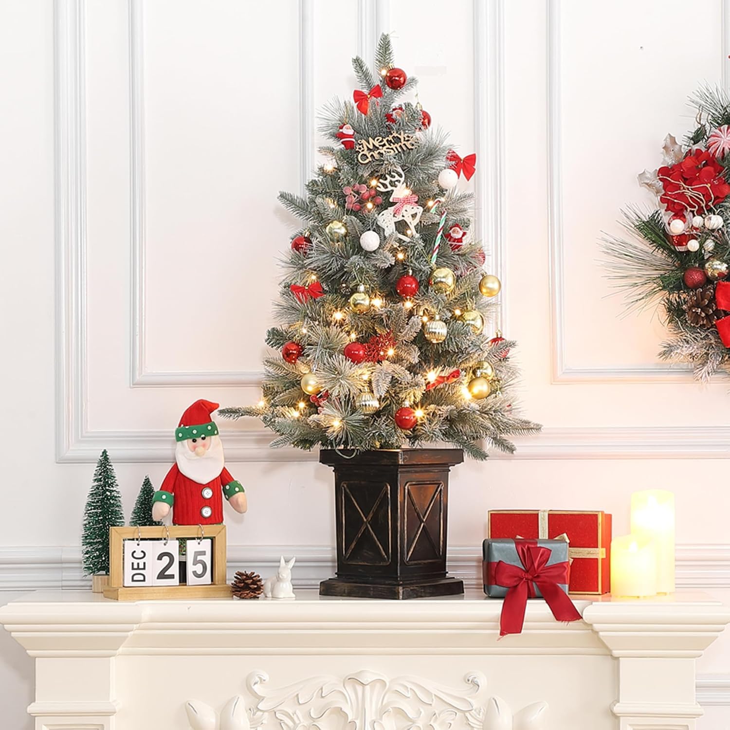 Weihnachtsbaum Künstlich 90 cm Mit 78 Beleuchtung, Snow Flocked Künstlicher Weihnachtsbaum Batteriebetrieben Pre-Lit Weihnachten Deko Für Zuhause, Büro, Vintage Topfbasis