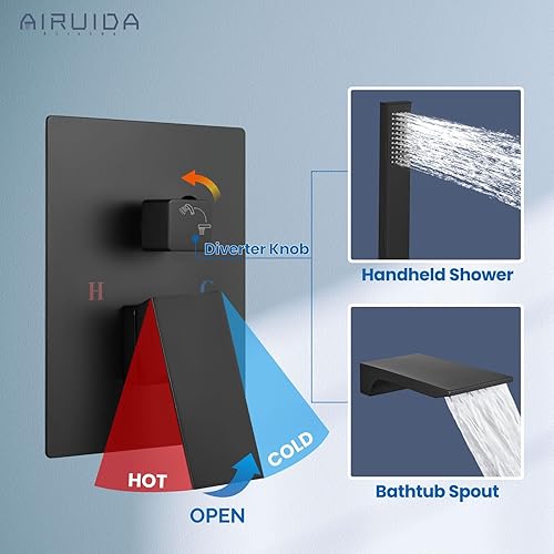 Miniatura 4 de Airuida Grifo de bañera de montaje en pared con boquilla de cascada, grifo de bañera montado en la pared con ducha de mano de una sola manija, juego