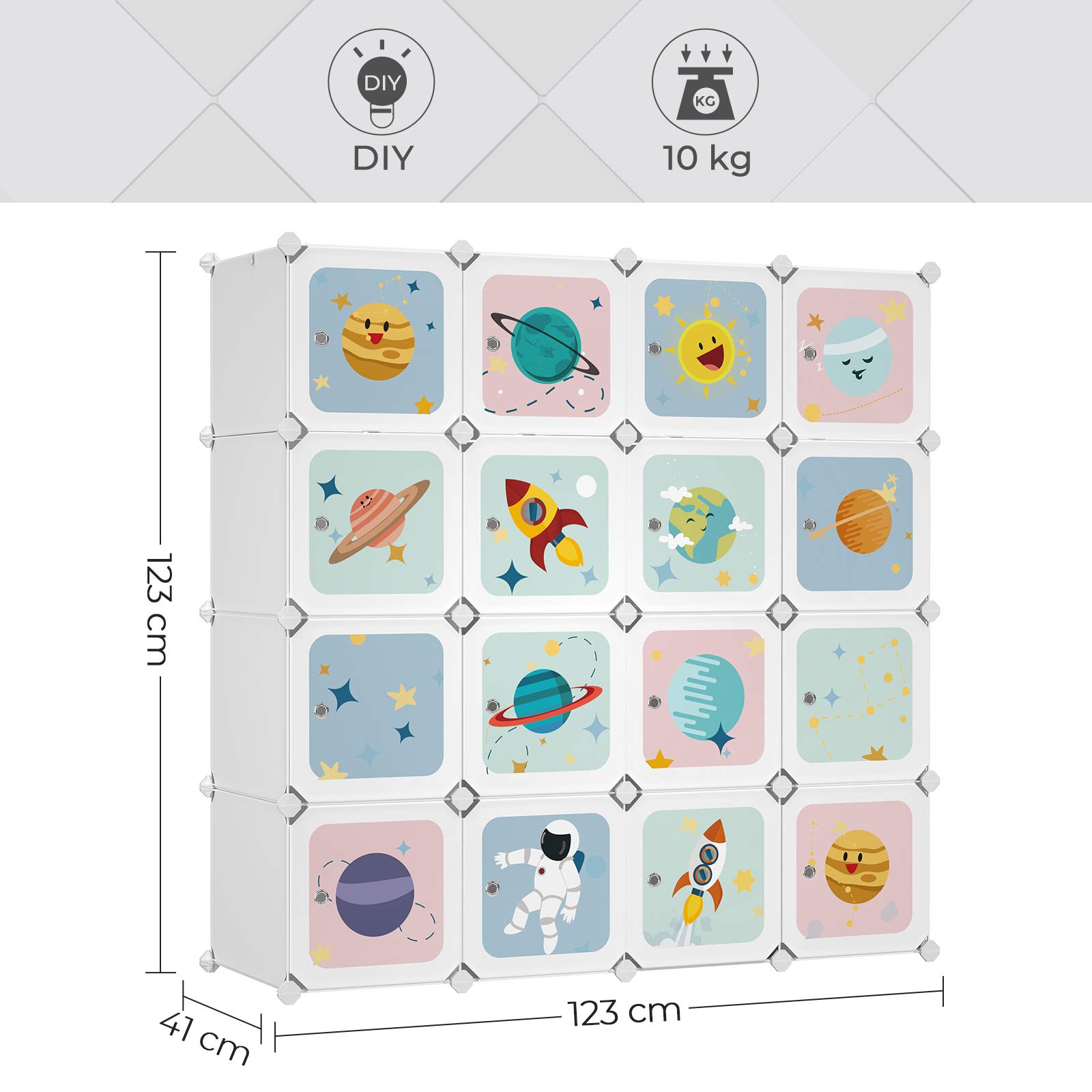 SONGMICS Kleiderschrank, DIY-Aufbewahrungsschrank, für hängende Kleidung, Aufbewahrung, für Kinder, mit 16 Würfeln, 4 Hängestangen, 123 x 41 x 123 cm, weiß LPC905W01