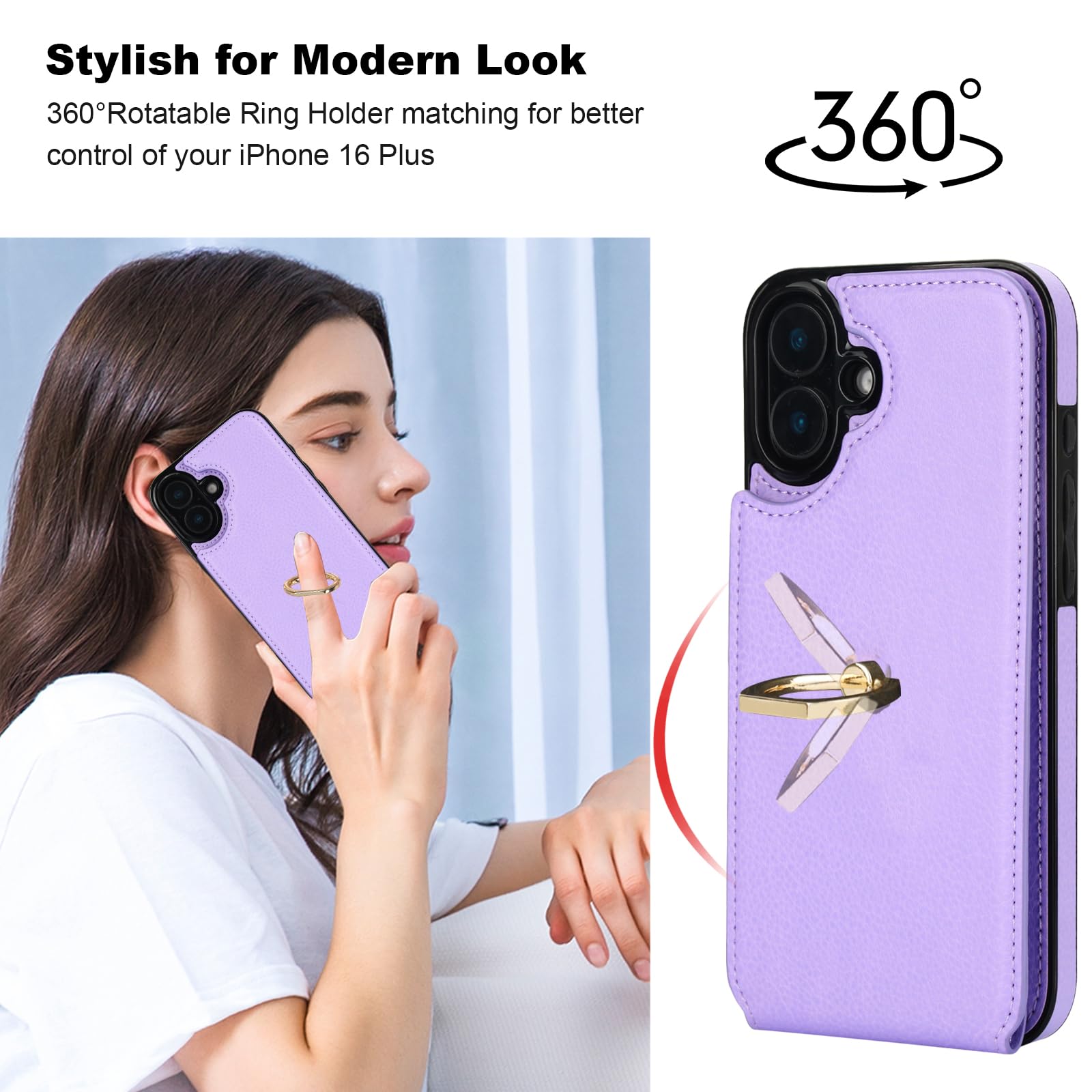Folosu Leder-Hülle Für IPhone 16 Plus Mit Kartenfach & Drehbarem Ring | RFID-Schutz, Ständerfunktion, Stoßsicher