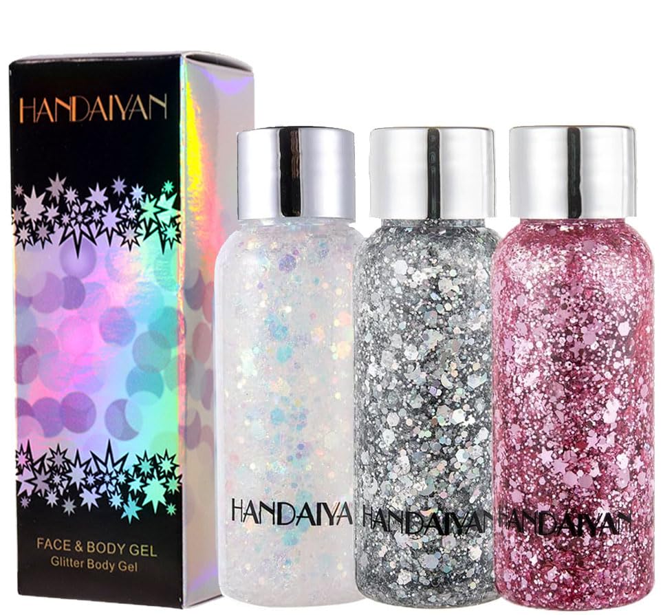 Glitter Gel Cosméticos, 3 Colores Purpurina Lentejuelas de Sirena, Purpurina Cara, Chunky Glitter, Gel de Purpurina La Cara, Purpurina Corporal, para Body, Labios-35g/Botella(Blanco+Plata+Rosa)