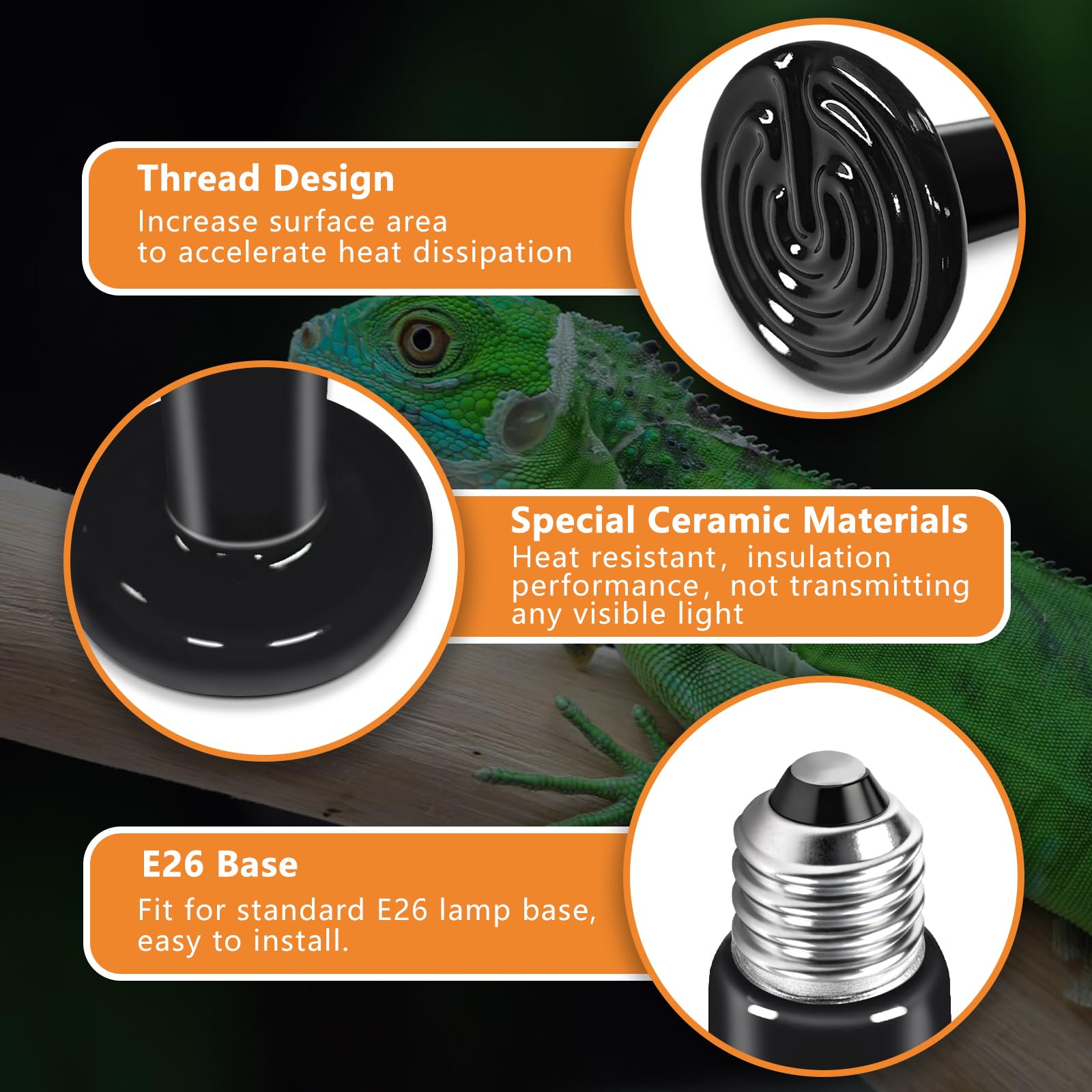 Ceramic Heat Emitter 2 Pack, 100W and 150W Reptile Heat Lamp, Heat Bulb for Lizards Bearded Dragons Snakes Turtles and Chickens - image 4