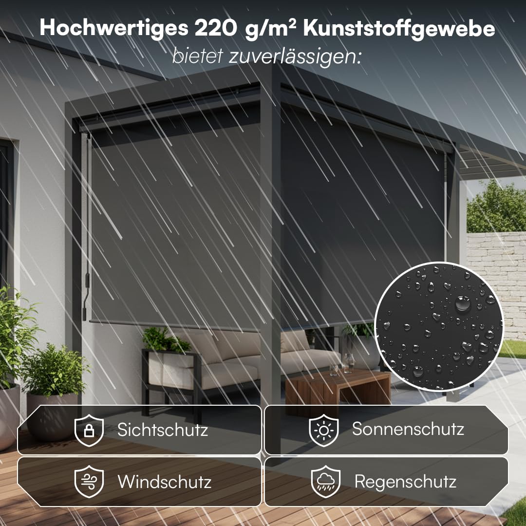 STEELSØN Azurian Senkrechtmarkise außen – Sichtschutz Balkon 200x250 cm – Außenrollo mit Handkurbel Anthrazit – Balkonmarkise als Windschutz, Sonnenschutz – Vertikalmarkise wetterfest inkl. Montageset