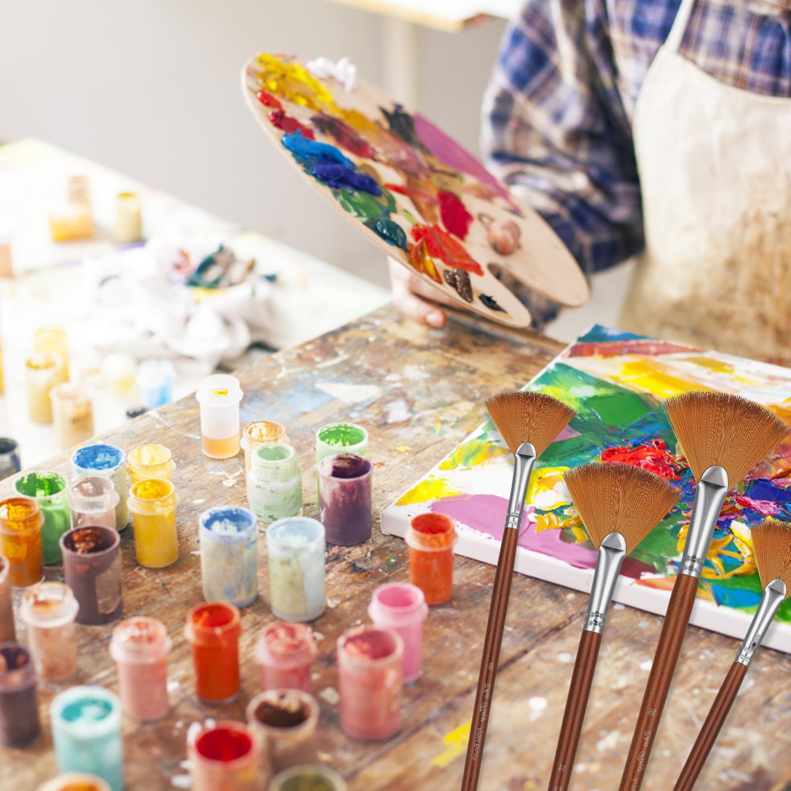 9-teiliges Fächerpinsel-Set Für Acryl & Ölmalerei – Nylonborsten Mit Langem Holzgriff