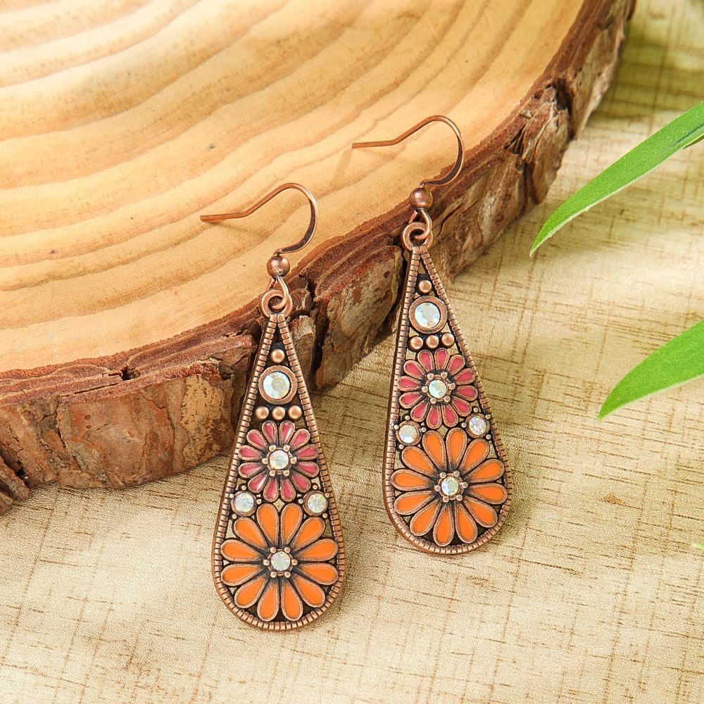 Bohemian Crystal Teardrop Dangle Earrings, Copper, Tribal Geometric Design, Handmade National Style for Women - Image 5