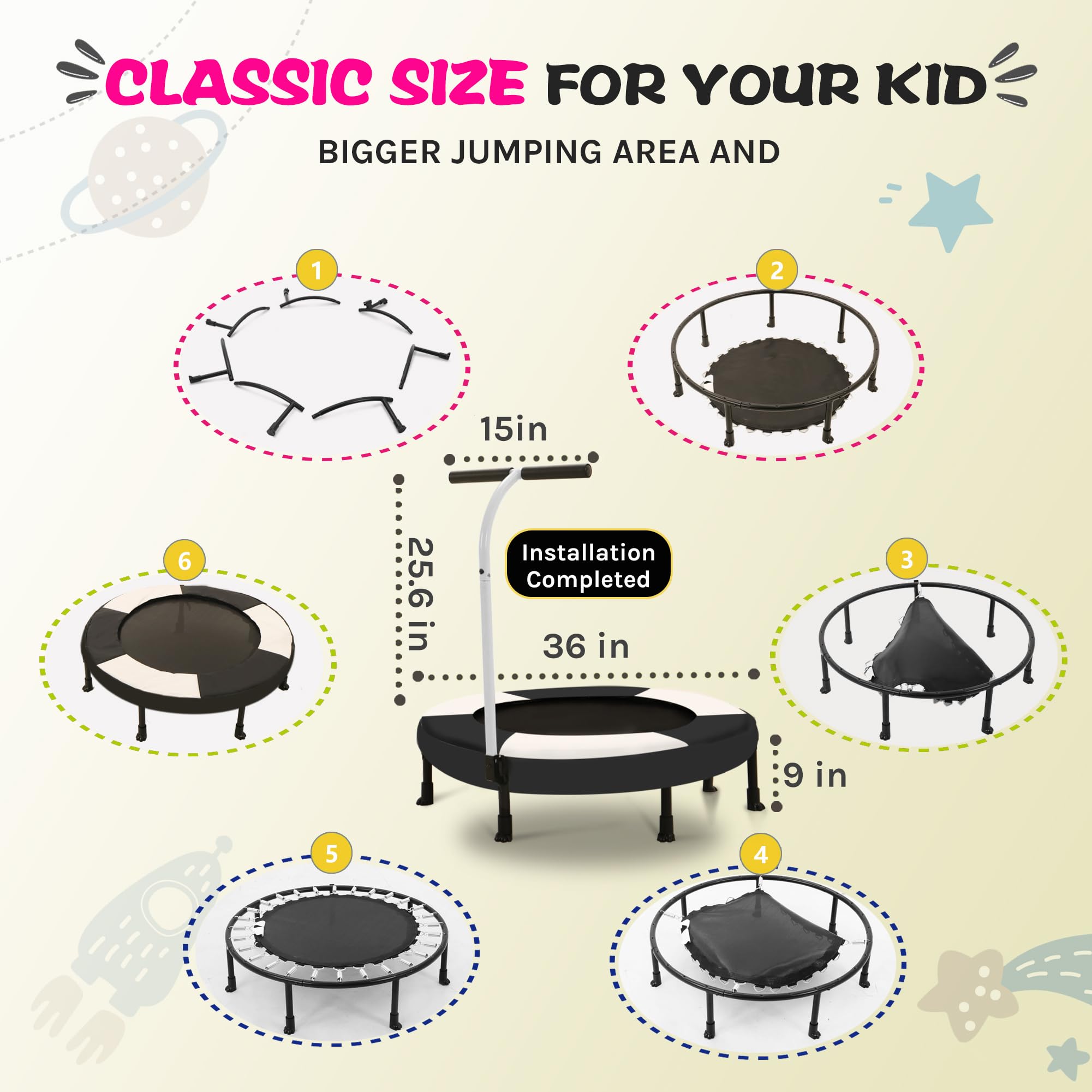 Cama elástica infantil de 91 cm con asa de agarre, color negro y blanco – Mini trampolín para niños, 7 patas, muelles gruesos, almohadilla de seguridad, para interior y exterior, promueve la