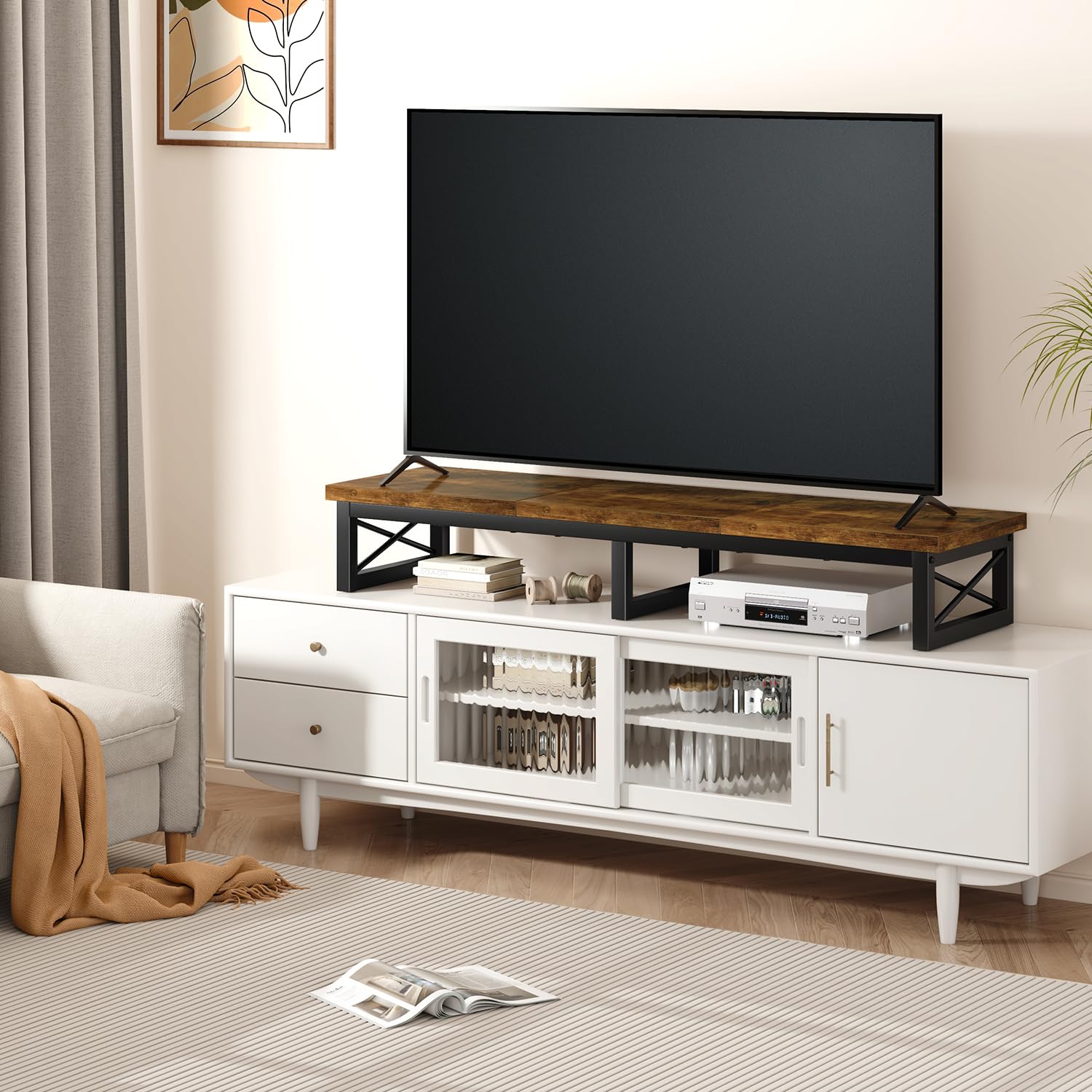 IBUYKE Mobile TV da 32-60 inch TV, Mobiletto Basso per TV a 2 Ripiani,scrivania per ufficio a doppio schermo,Mobile TV per Soggiorno e Camera da Letto,Marrone rustico TVT002H