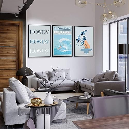 Miniatura 2 de 3 piezas de arte de pared retro de vaquera costera, juego de impresiones de galería de surf azul claro, juego de impresiones de galería de surf a la
