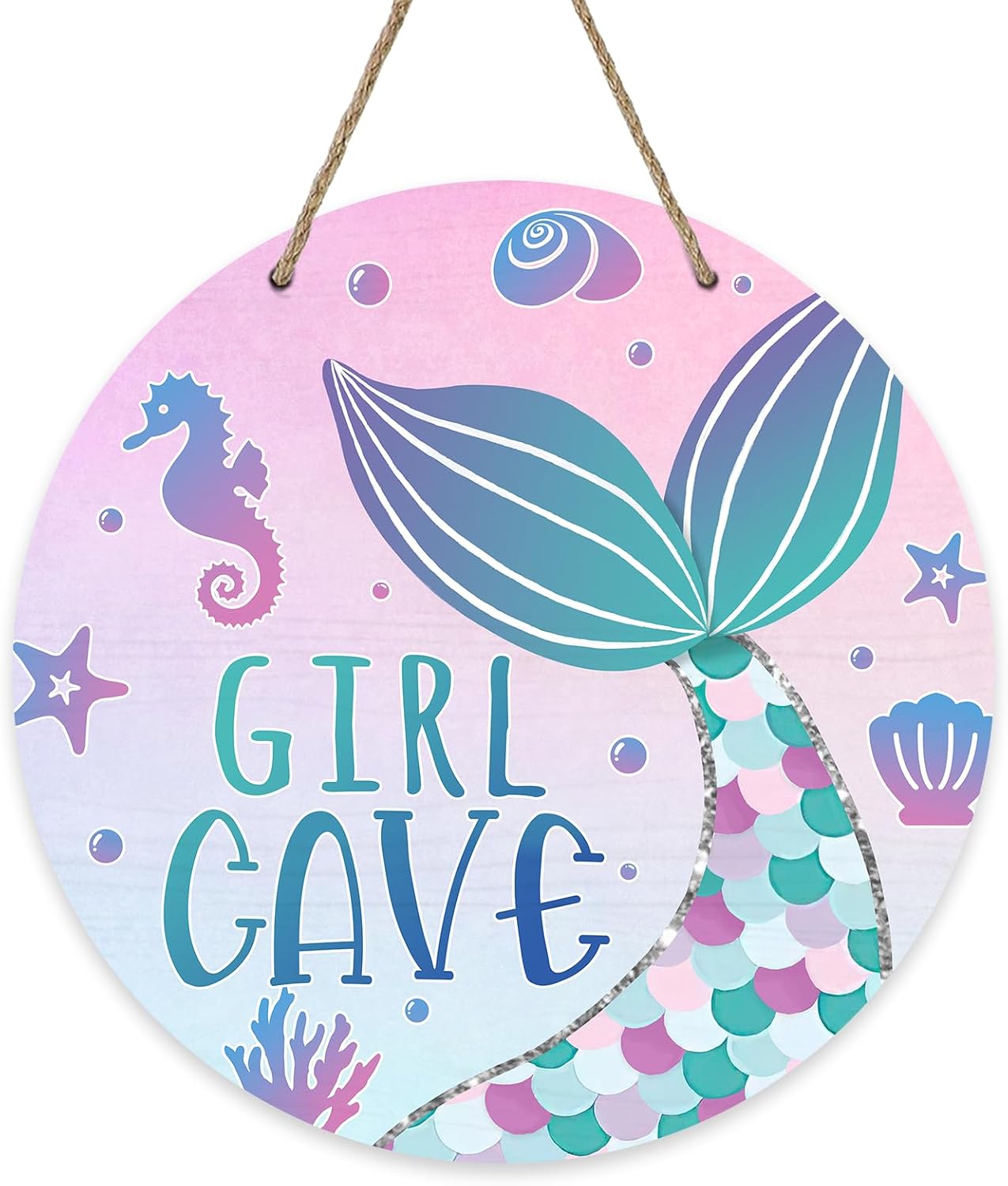 Girl Gave Ocean Mermaid Front Door Sign, Pink Coastal Wood Door Hanger Outdoor Outside Porch Nursery Decor, Beach Kids Baby Girl Room Wooden Wreath Indoor Wall Hanging Decoration