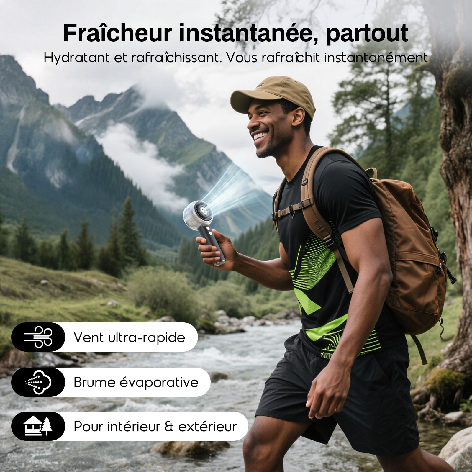 Ventilateur Brumisateur Portable à Main, Mini Ventilateur USB Puissant, Moteur Turbo, Batterie Rechargeable 6000mAh, 4 Vitesses, pour Voyage, Extérieur, Cadeau Été Femme Homme (Noir)
