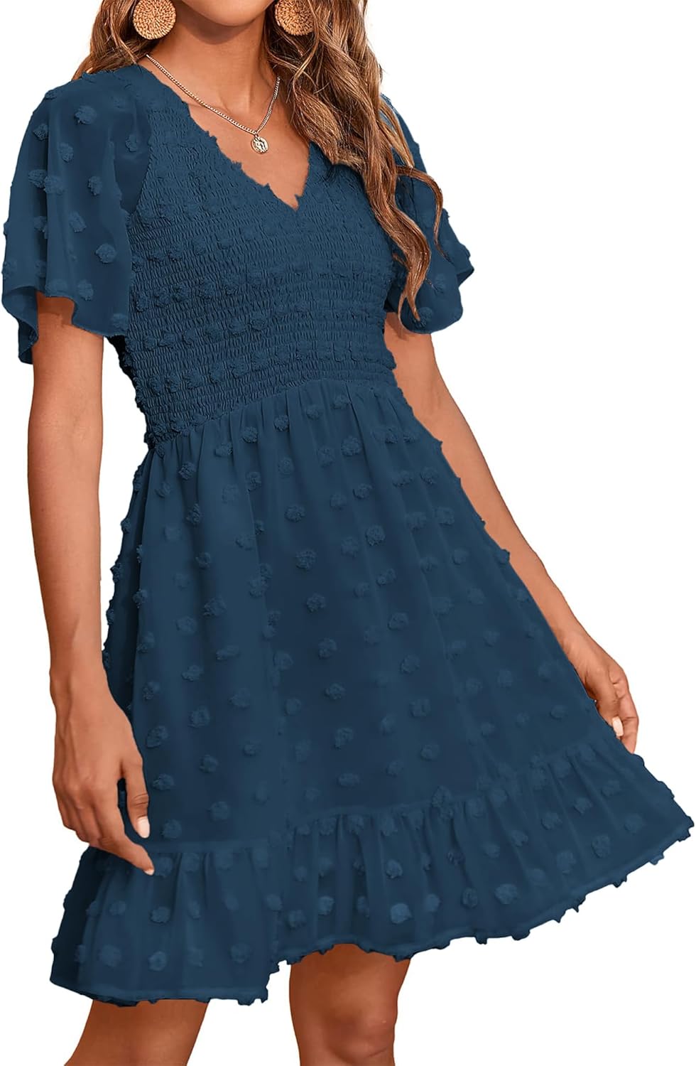 BTFBM Womens Beach Vacation Dress Summer 2025 V Neck Short Sleeve Smocked Swiss Dot Cute Ruffle Casual Fall Mini Dresses