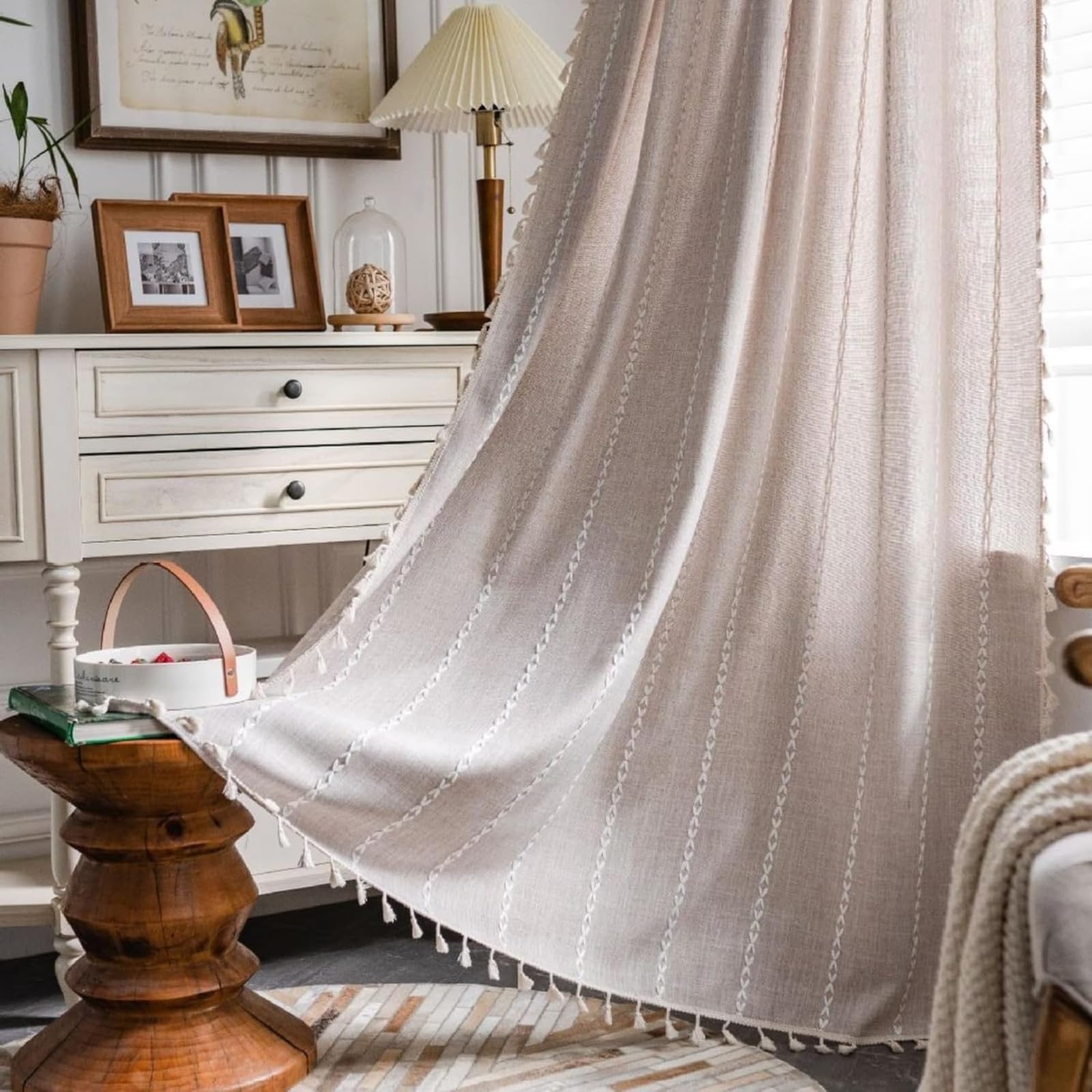 USTIDE Boho Curtains for Bedroom Living Room 71 Inches Long Farmhouse Semi Blackout Curtains Cotton Linen Embroidery Window Curtain Panel