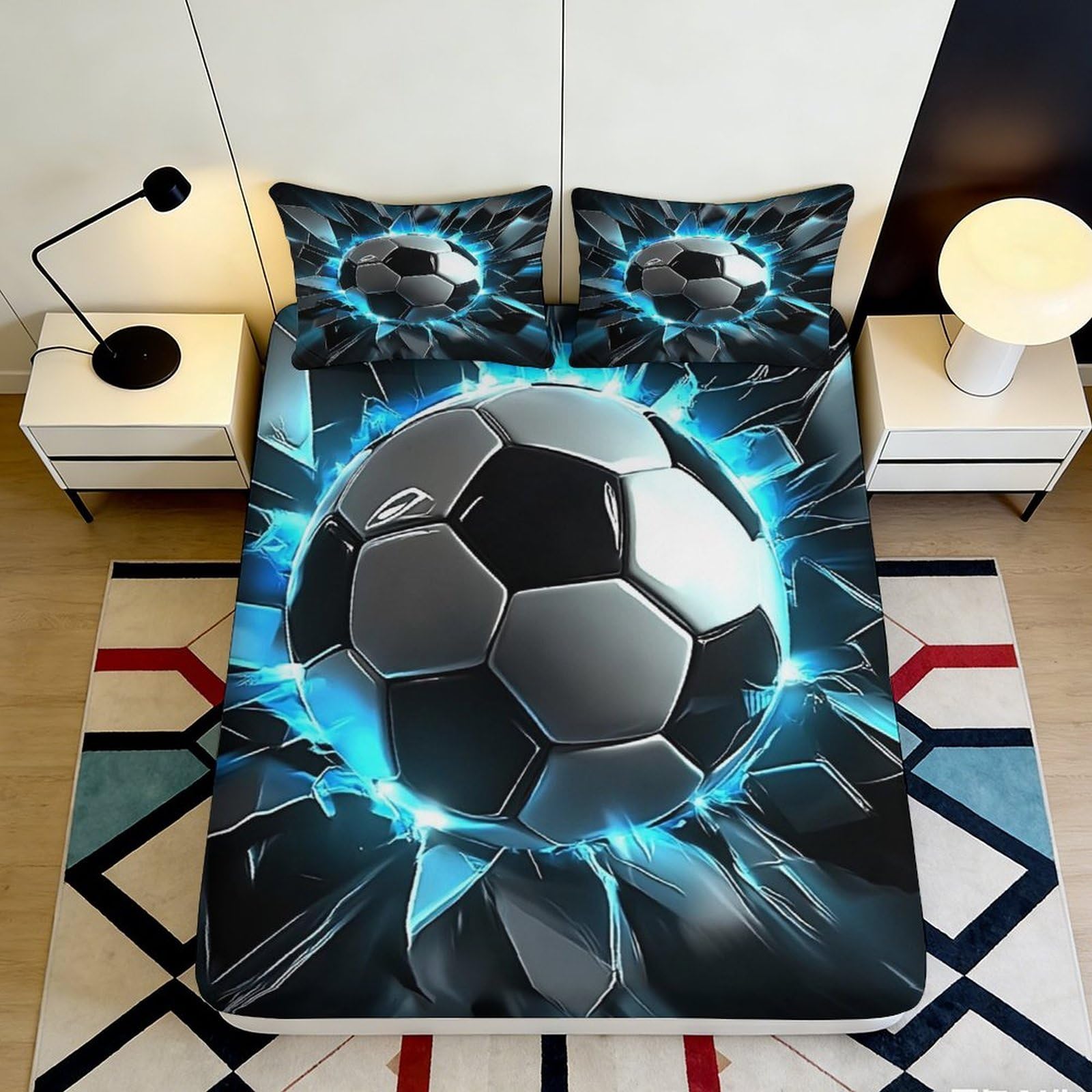3D Printed Soccer Ball Fitted Sheet Microfiber Soft Anti-Slip Blue Explosion Bed Cover for Bedroom Dorm Mattress Protection Decor 120x200x25cm