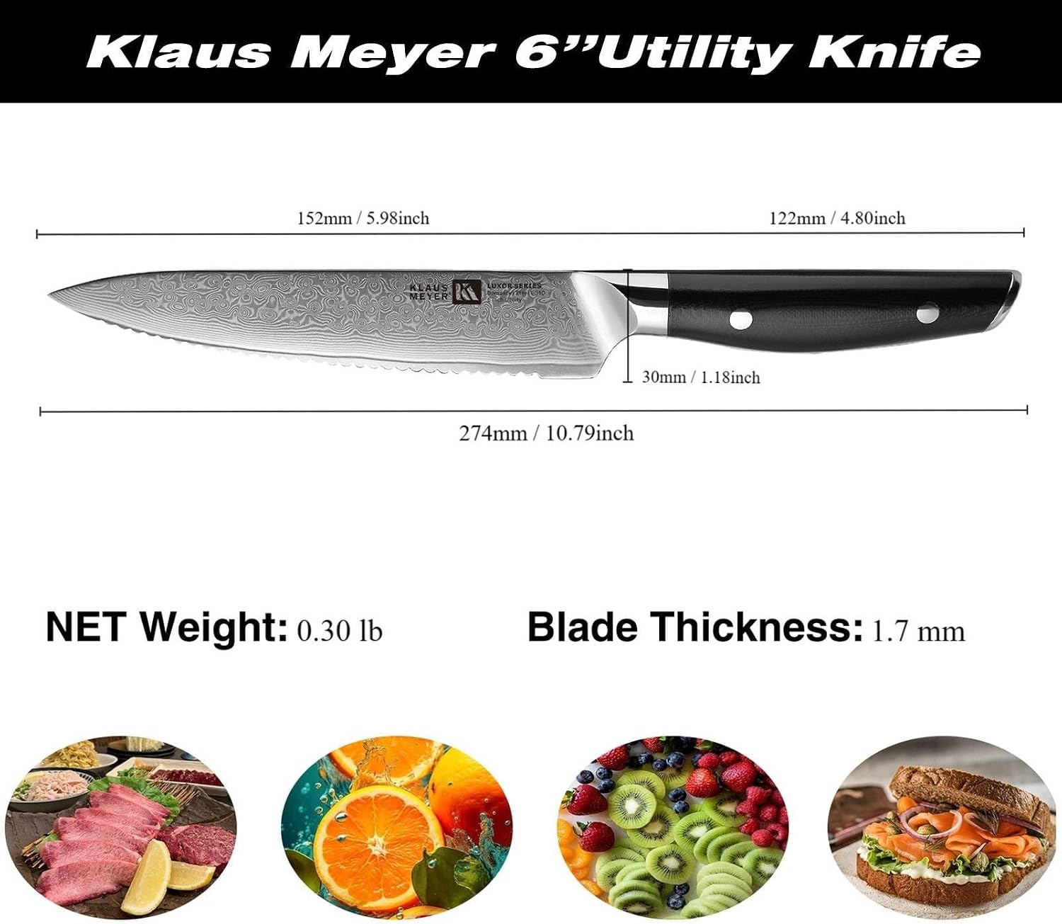 Klaus Meyer Luxor Damascus Steel 6 inch Utility Serrated Knife with Wood Sheath