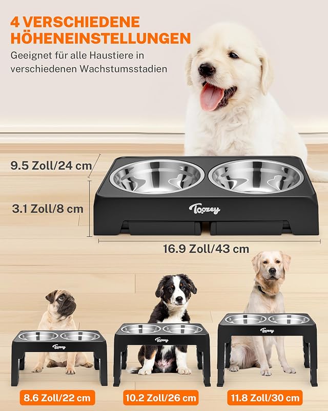 Toozey Magasságállítható Kutyatál Rozsdamentes Acél 1200ml Közepes és Nagy Kutyáknak - black