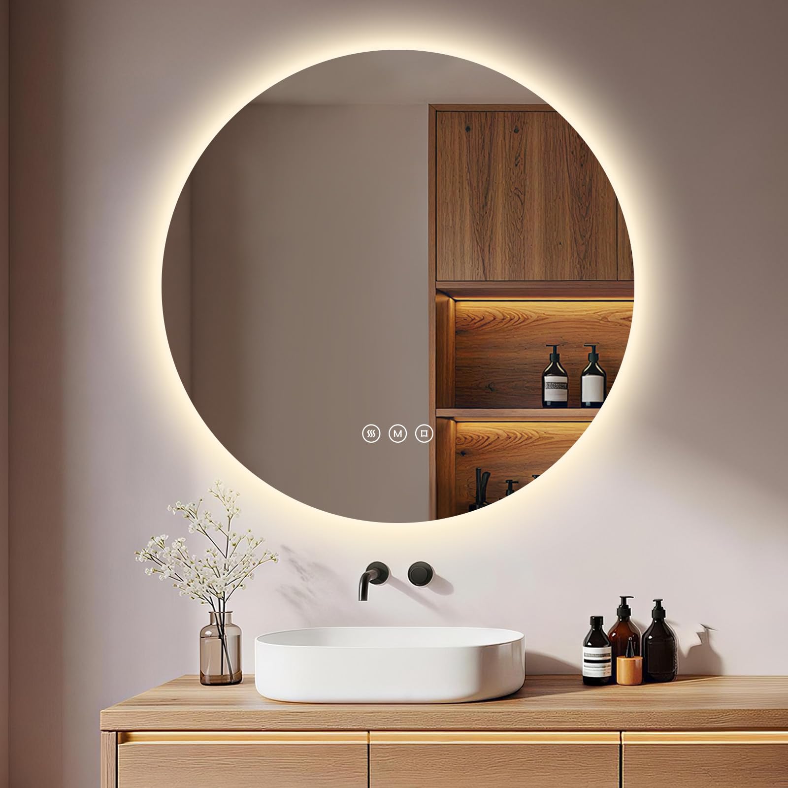 Lustro łazienkowe LED 80 cm okrągłe S'AFIELINA, lustro z LED do łazienki, lustro łazienkowe z oświetleniem LED, antypara, ściemniane, 3 barwy światła, pamięć, IP65