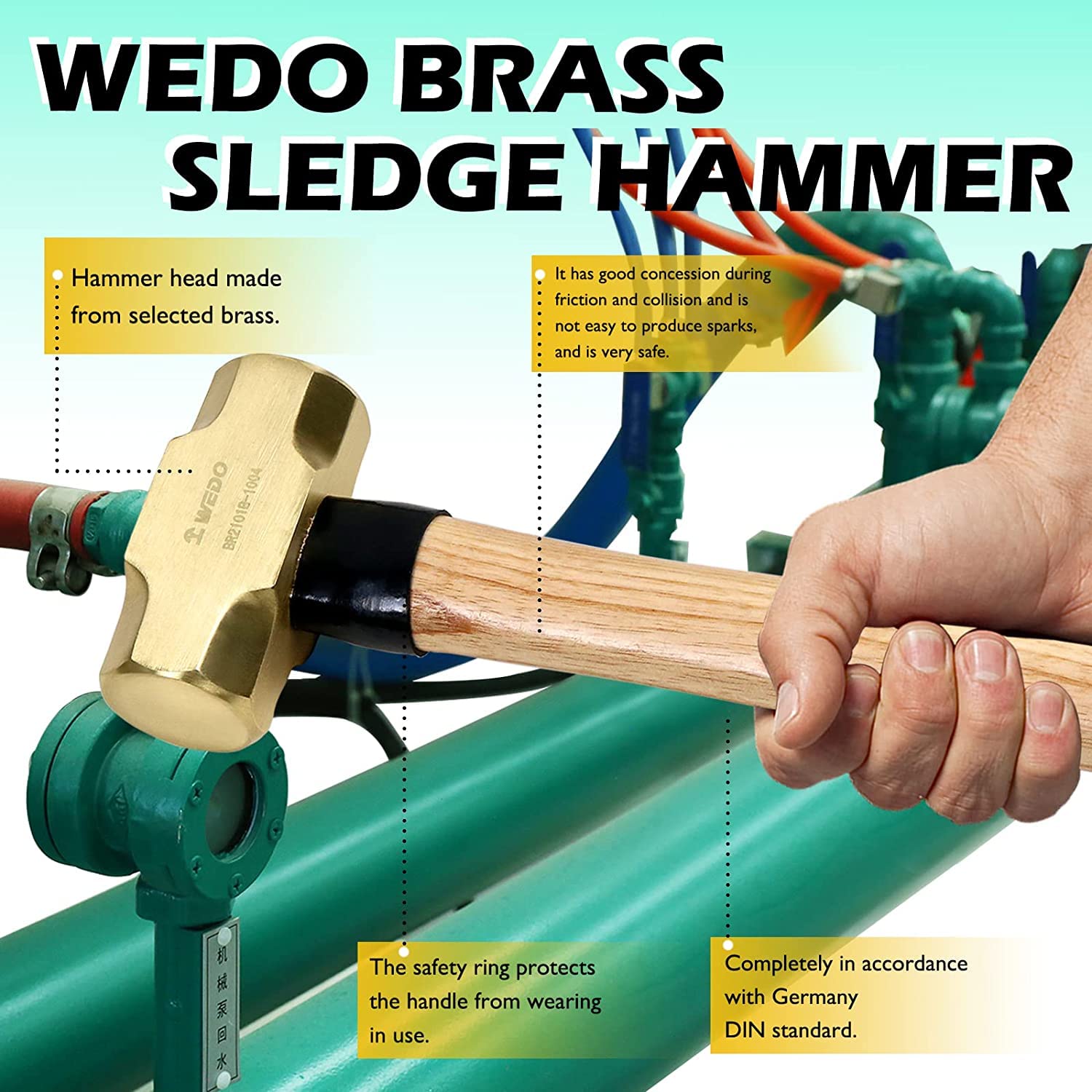 WEDO Martillo con mango de madera, cabeza de martillo de latón 2lb, 320 mm de longitud