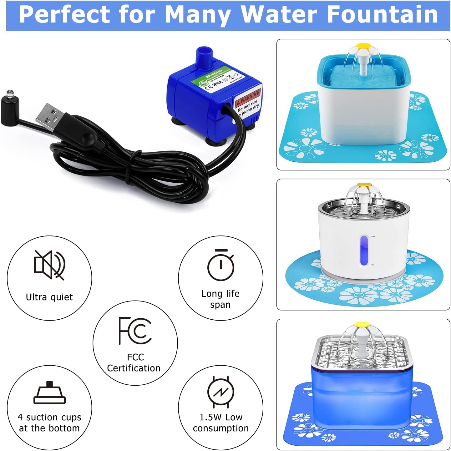 Replacement Pump for 84oz/2.5L Cat Water Fountain Pet Fountain Ultra Quiet Long Life Span 6ft USB Power Cable DIY (Water Pump)