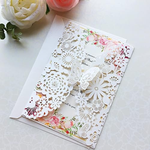 Miniatura 10 de Hosmsua 5 x 7.3 pulgadas, 50 tarjetas plateadas de invitación de quinceañera de mariposa cortada con láser, invitaciones de boda con sobres para