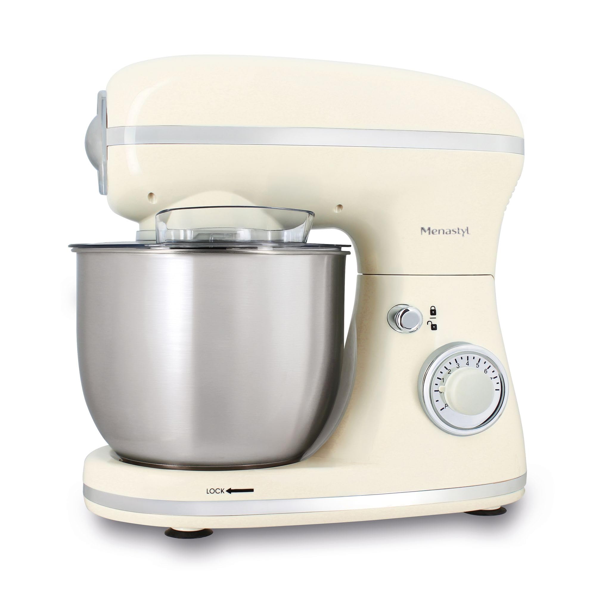 MENASTYL - Robot pâtissier rétro en polypropylène et acier inoxydable – 1300 W, Bol 5 L Inox, 8 Vitesses + Pulse, Batteur et Crochet Pétrisseur, Couvercle Anti-Éclaboussures - Crème - 6025100