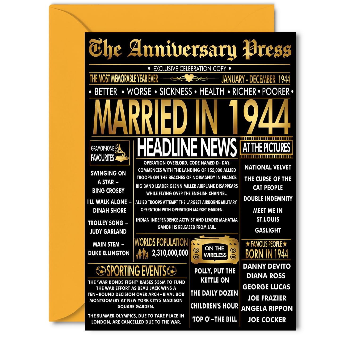Gold 82nd Anniversary Card for Women Men - Golden Newspaper Married in 1944-82 Year Wedding Anniversary Card for Partner Wife Companion Husband, 5x7 Inch Anniversaries Greeting Cards