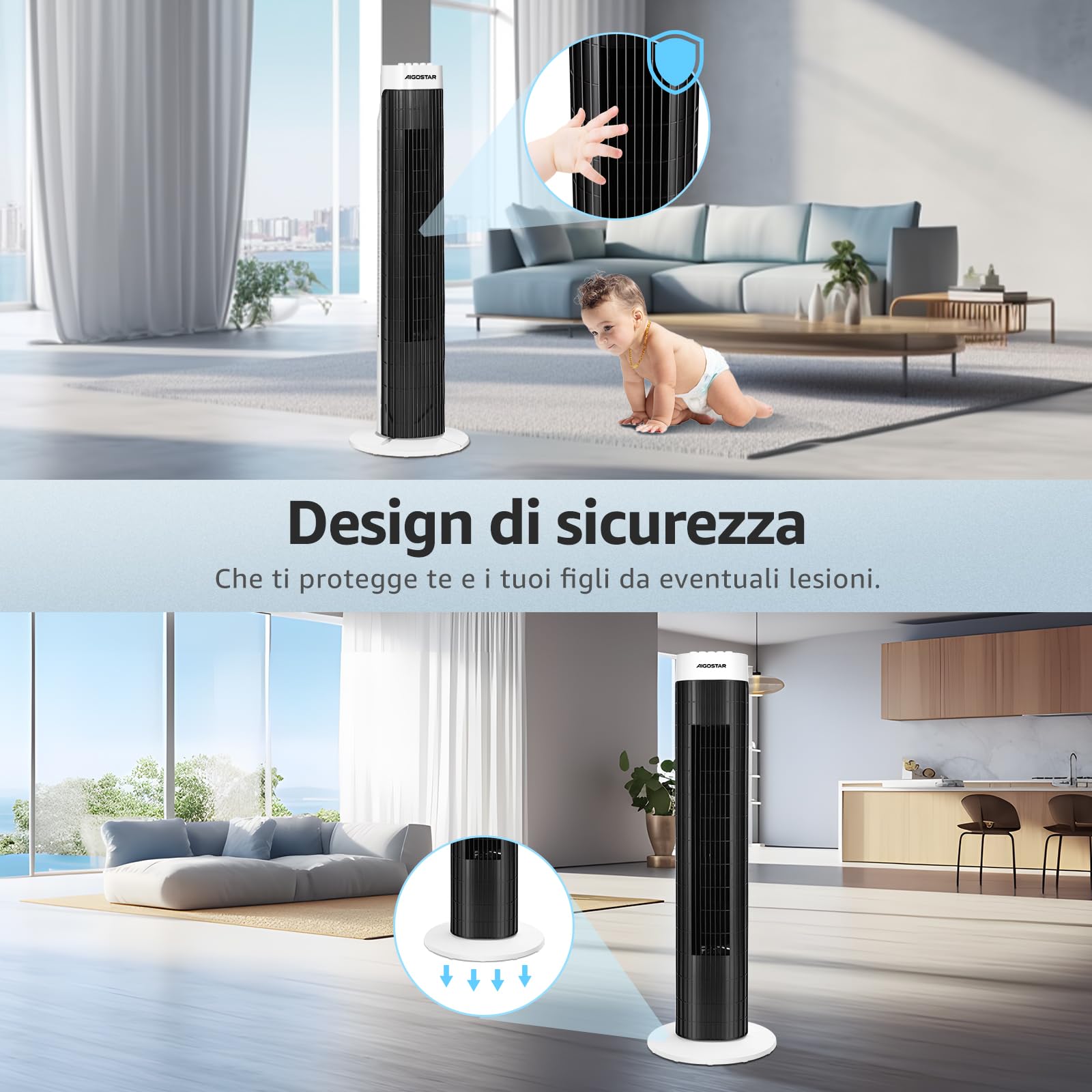 Aigostar Ben 33JTS Ventilatore a torre digitale con timer. 3 modalità di velocità e motore da 45W. Oscillazione a 85°. Altezza di 76cm e cavo da 1,8M