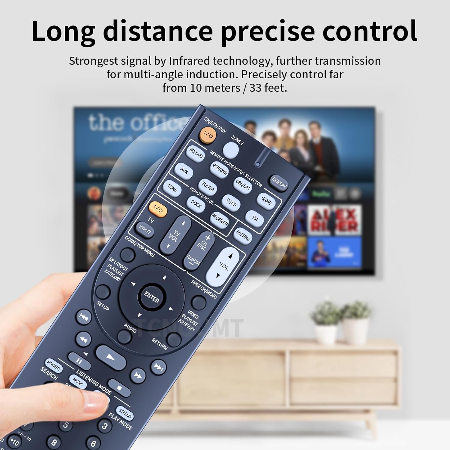 Image showing the battery compartment of the remote control with two AAA batteries being inserted.