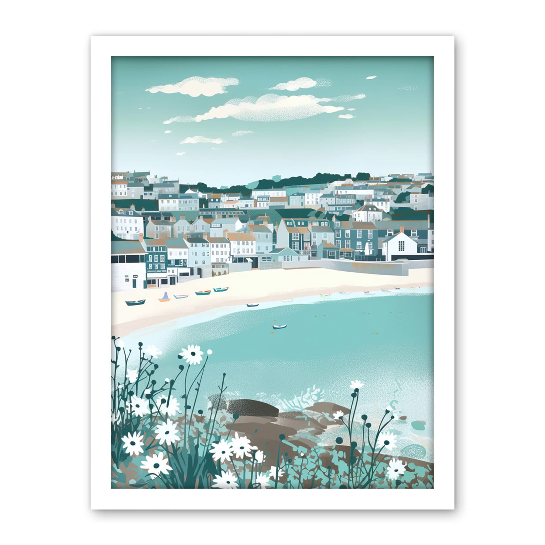 Artery8 St Ives Bay Daisies Soft Pastel Coastal Cityscape Artwork Framed Wall Art Print 18X24 Inch